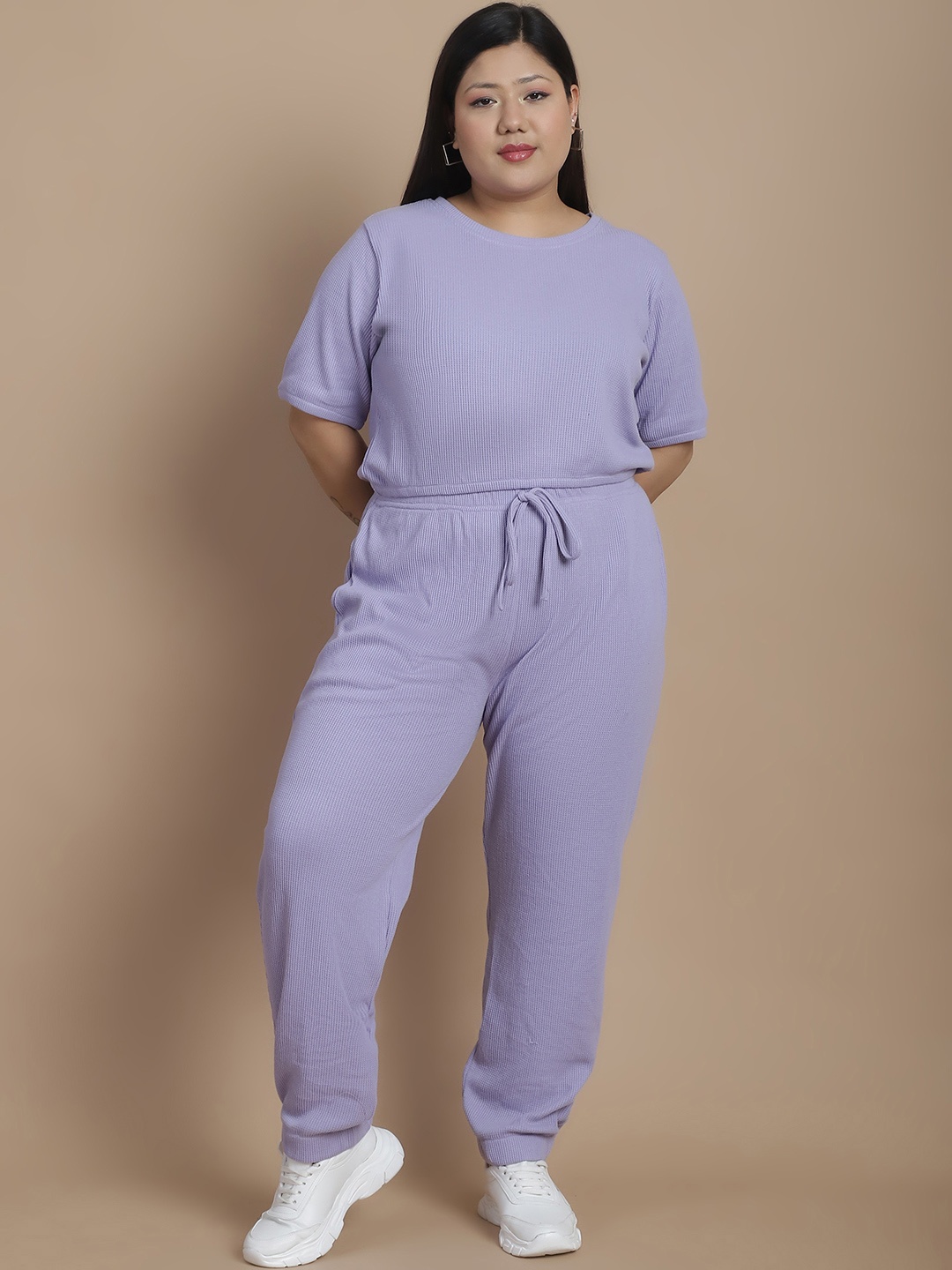 

Rigo Plus Size Printed Crop Top With Joggers Co-Ords Set, Purple