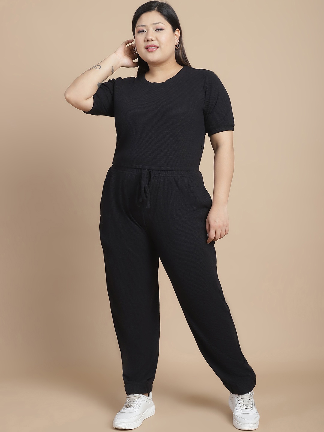 

Rigo Plus Size Waffle Knit Crop Top With Joggers Co Ord Set, Black