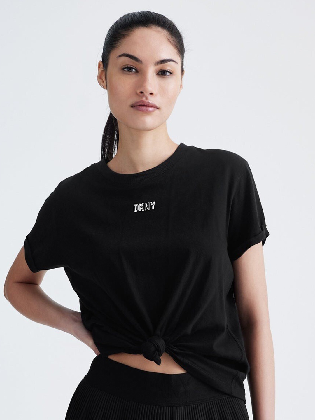 

DKNY Kimono Round Neck Short Sleeves Cotton Top, Black