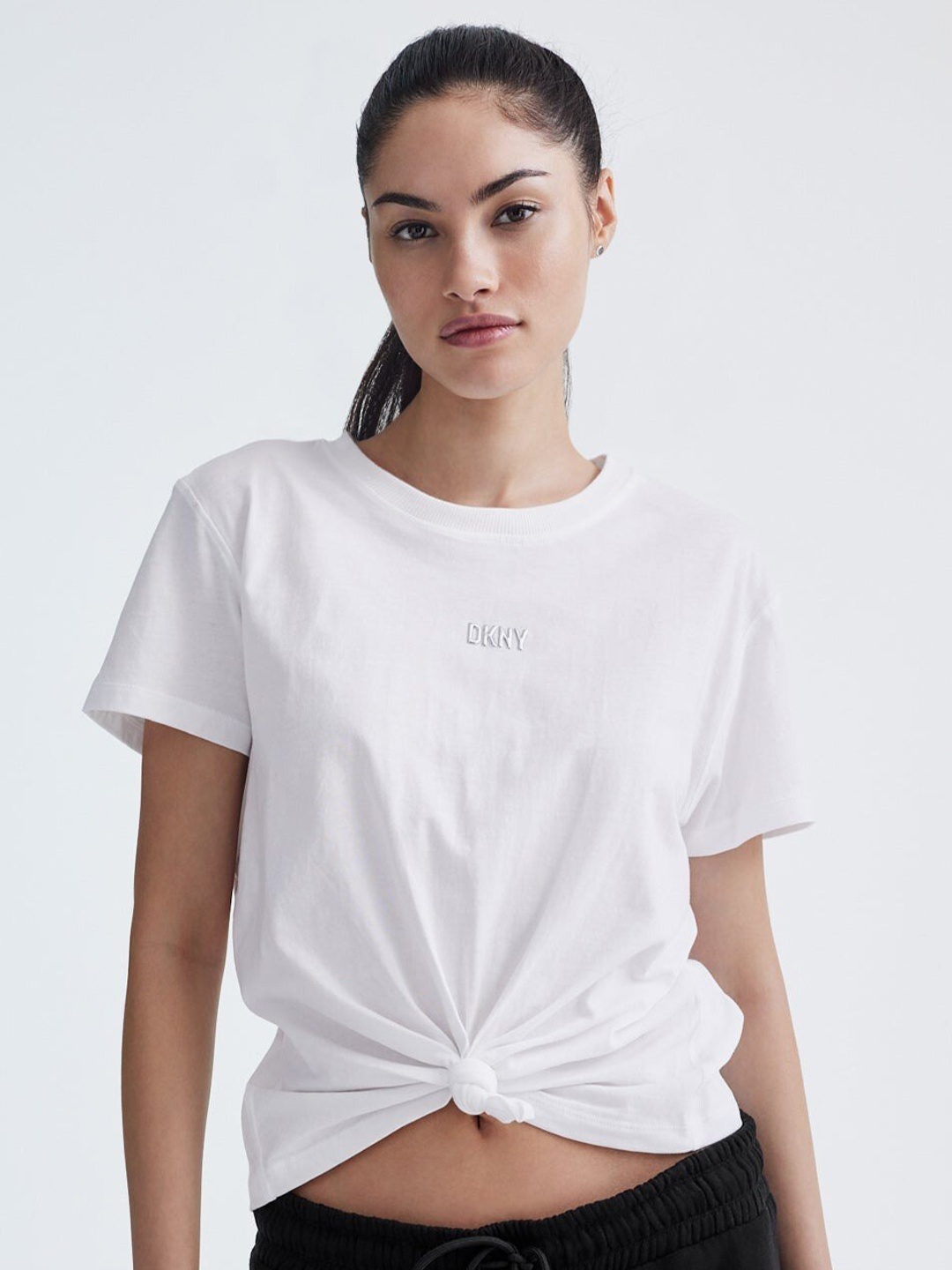 

DKNY Round Neck Short Sleeves Cotton Top, White