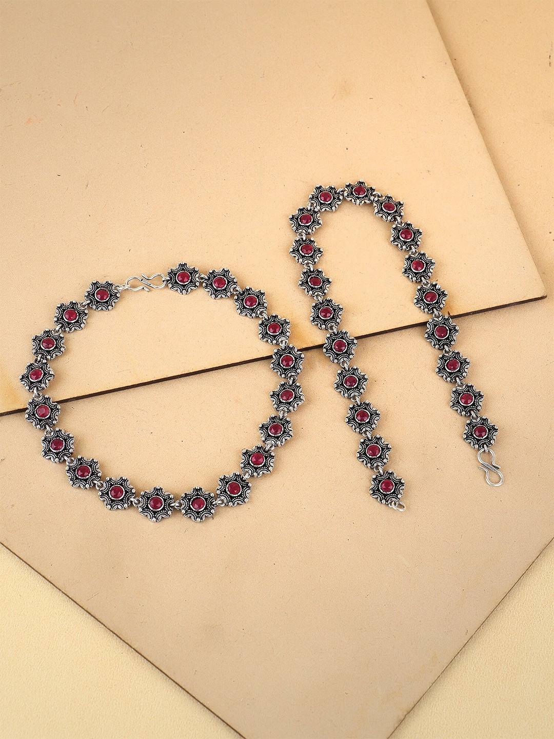 

Adwitiya Collection Set Of 2 Silver-Plated Stone Studded Floral Anklets