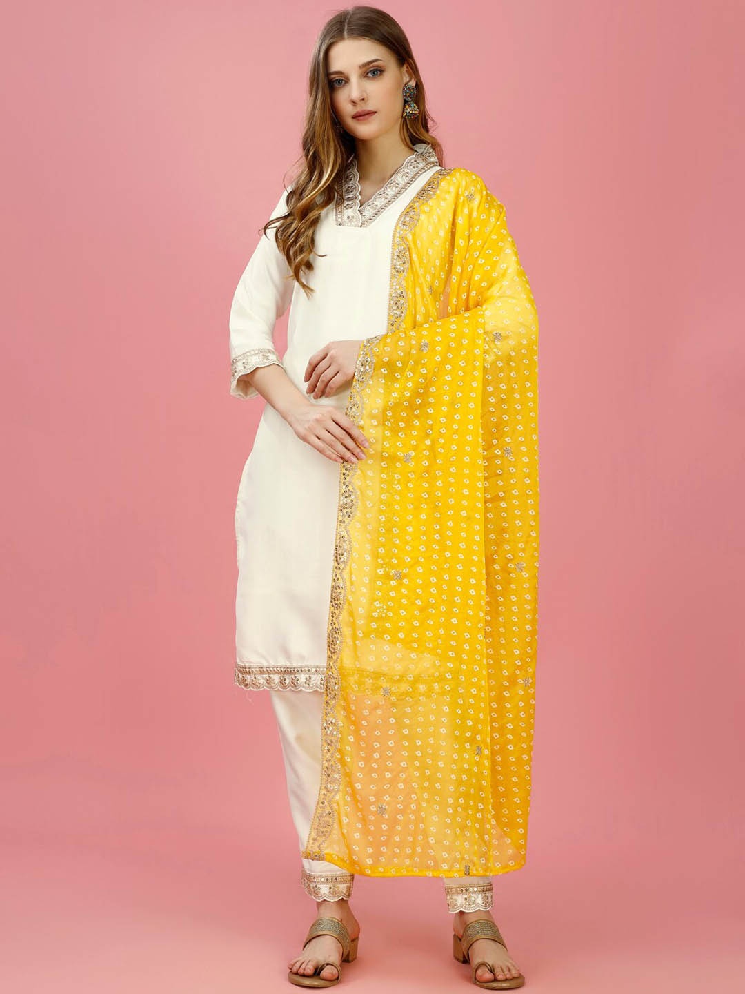 

STH Regular Thread Work Kurta with Trouser & Dupatta, Yellow