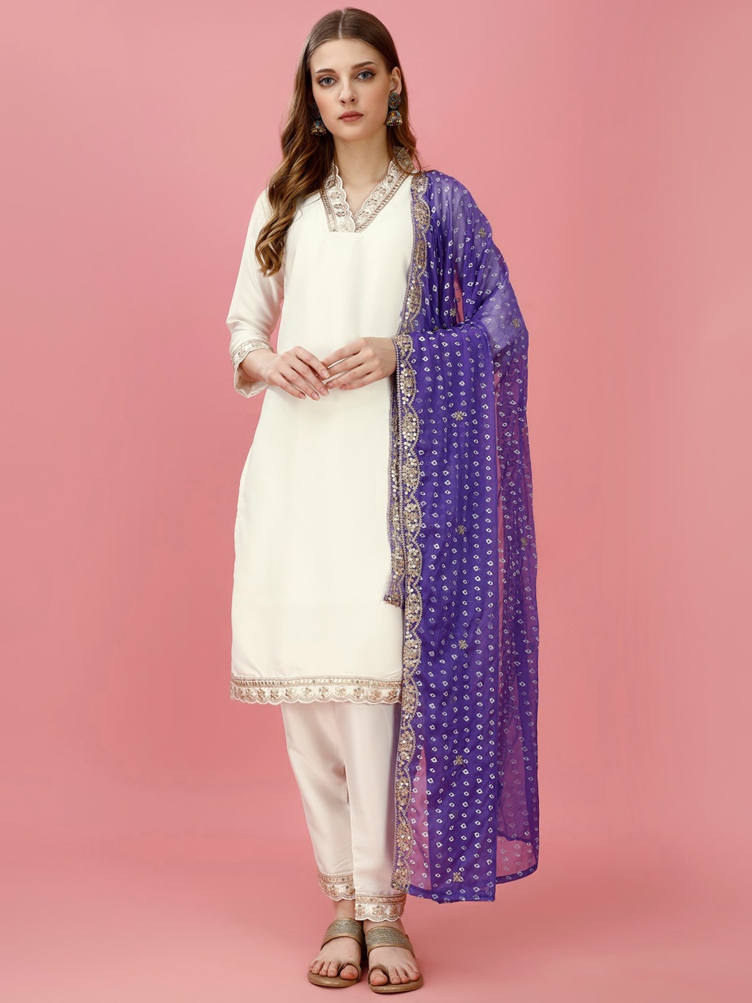 

STH Embroidered Regular Sequinned Kurta with Trouser & Dupatta, White