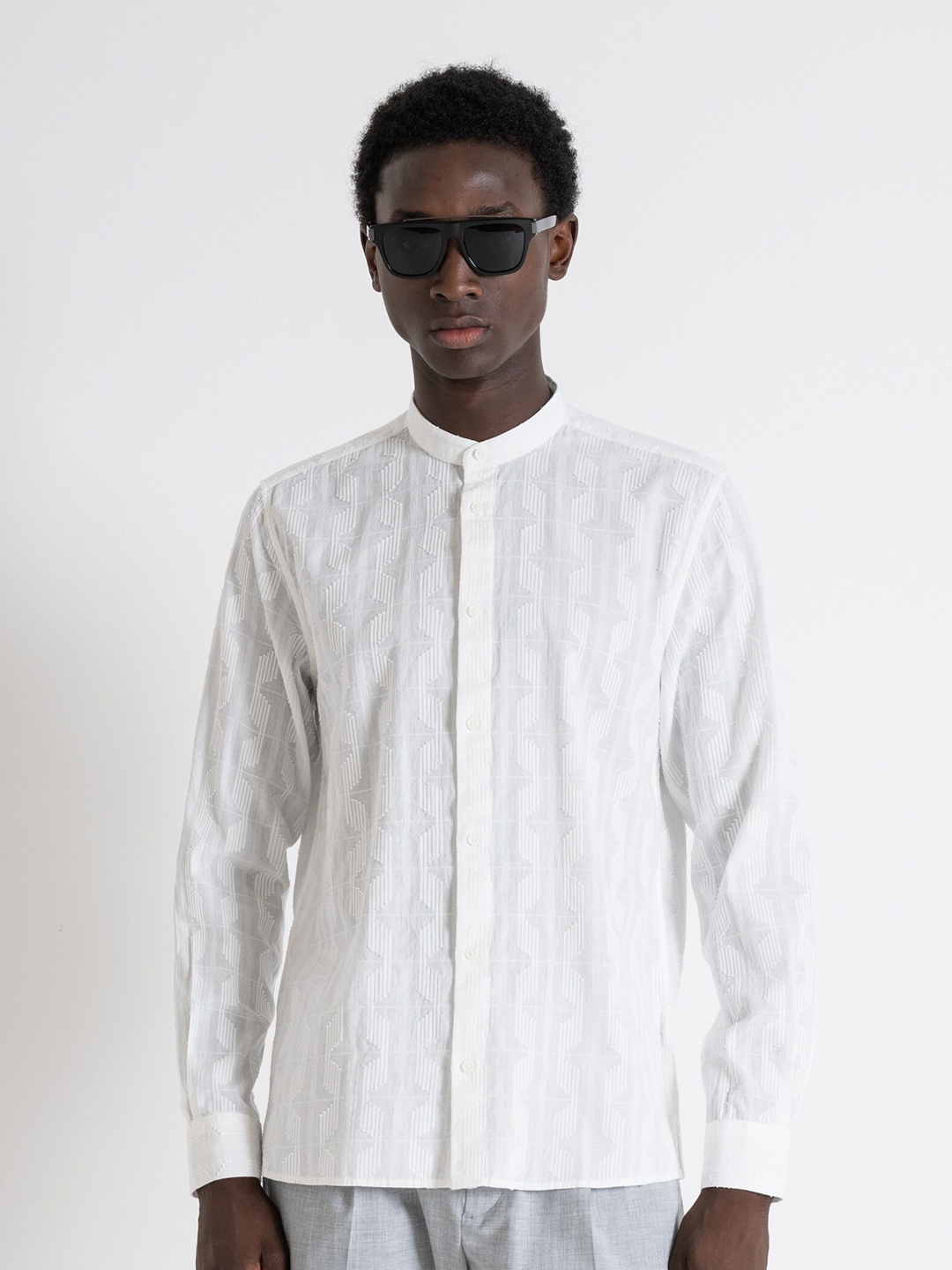 

Antony Morato Geometric Self Design Band Collar Long Sleeves Cotton Casual Shirt, Off white