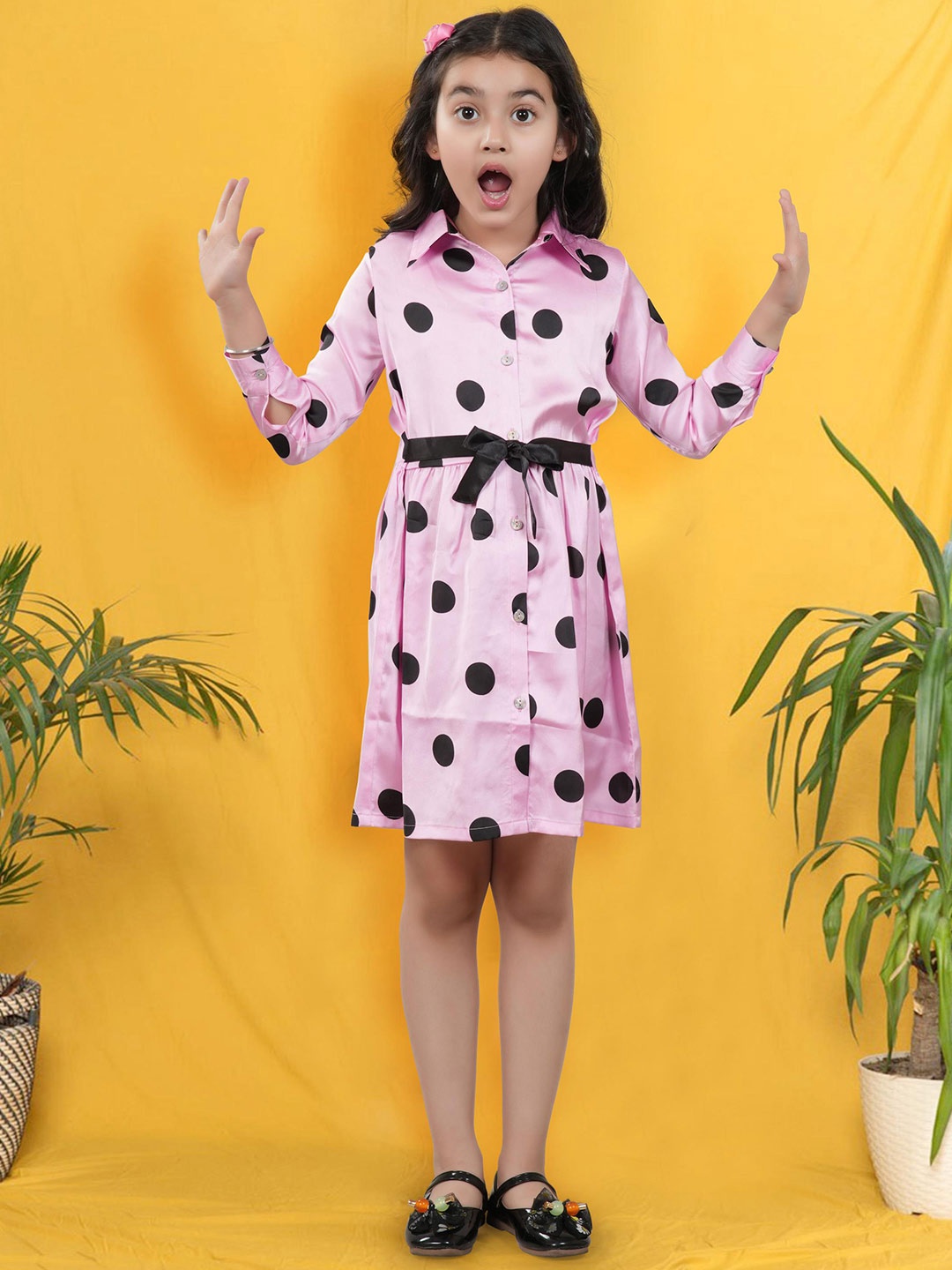 

BAESD Shirt Collar Polka Dot Print Satin Fit & Flare Dress, Pink