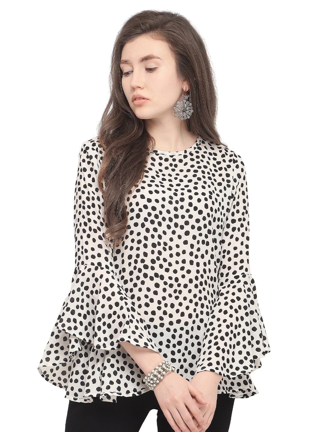 

Fashfun Polka Dot Print Bell Sleeve Georgette Top, White