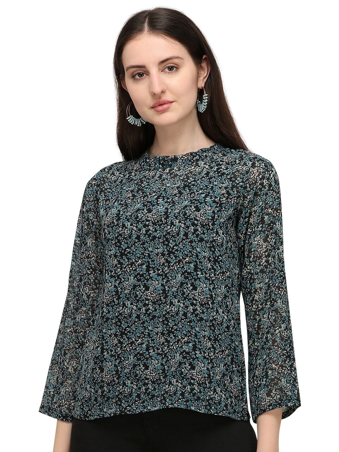 Fashfun Floral Print Round Neck Georgette Top, Black