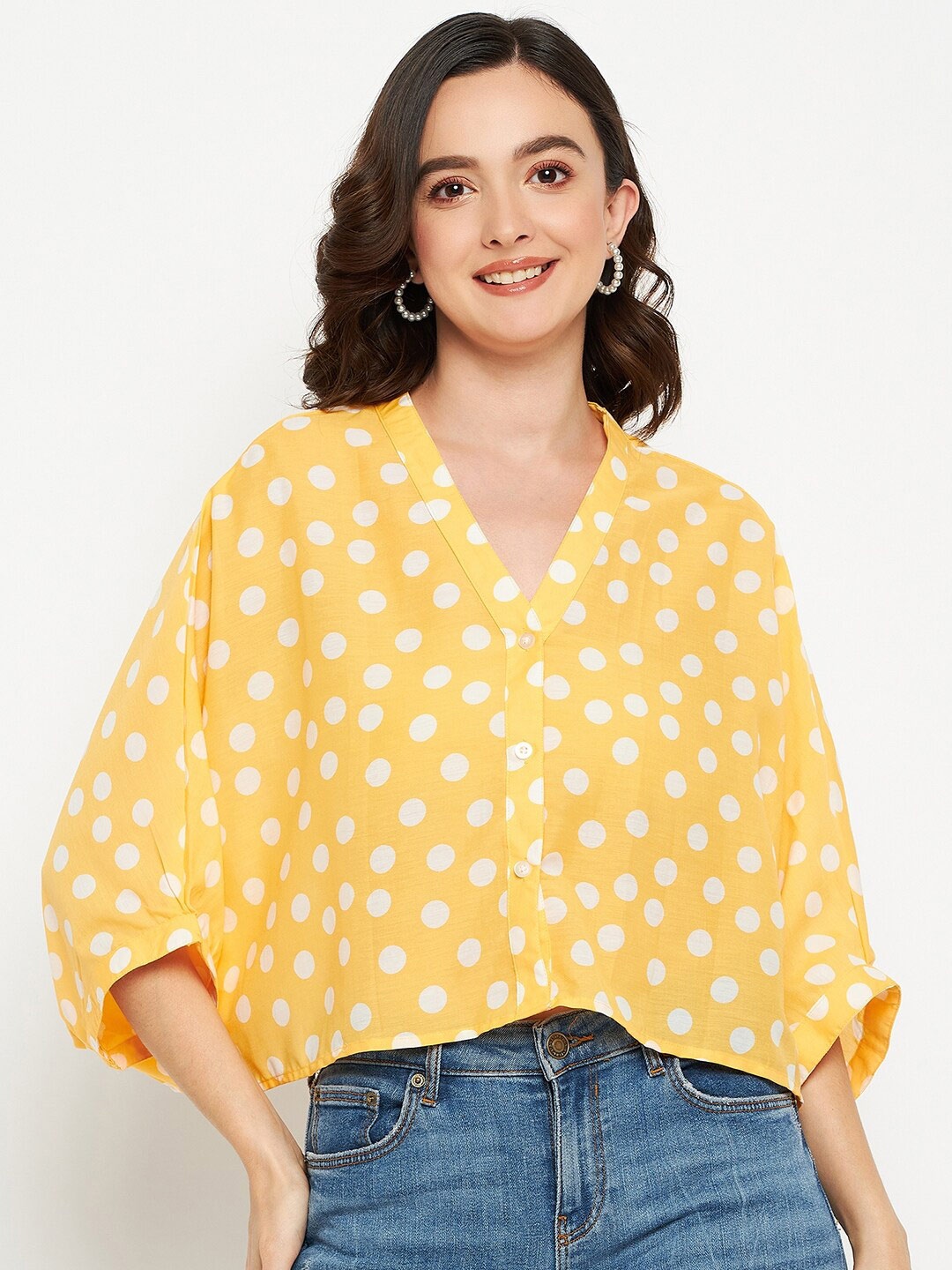 

Fashfun Polka Dot Print Extended Sleeves Shirt Style Top, Yellow
