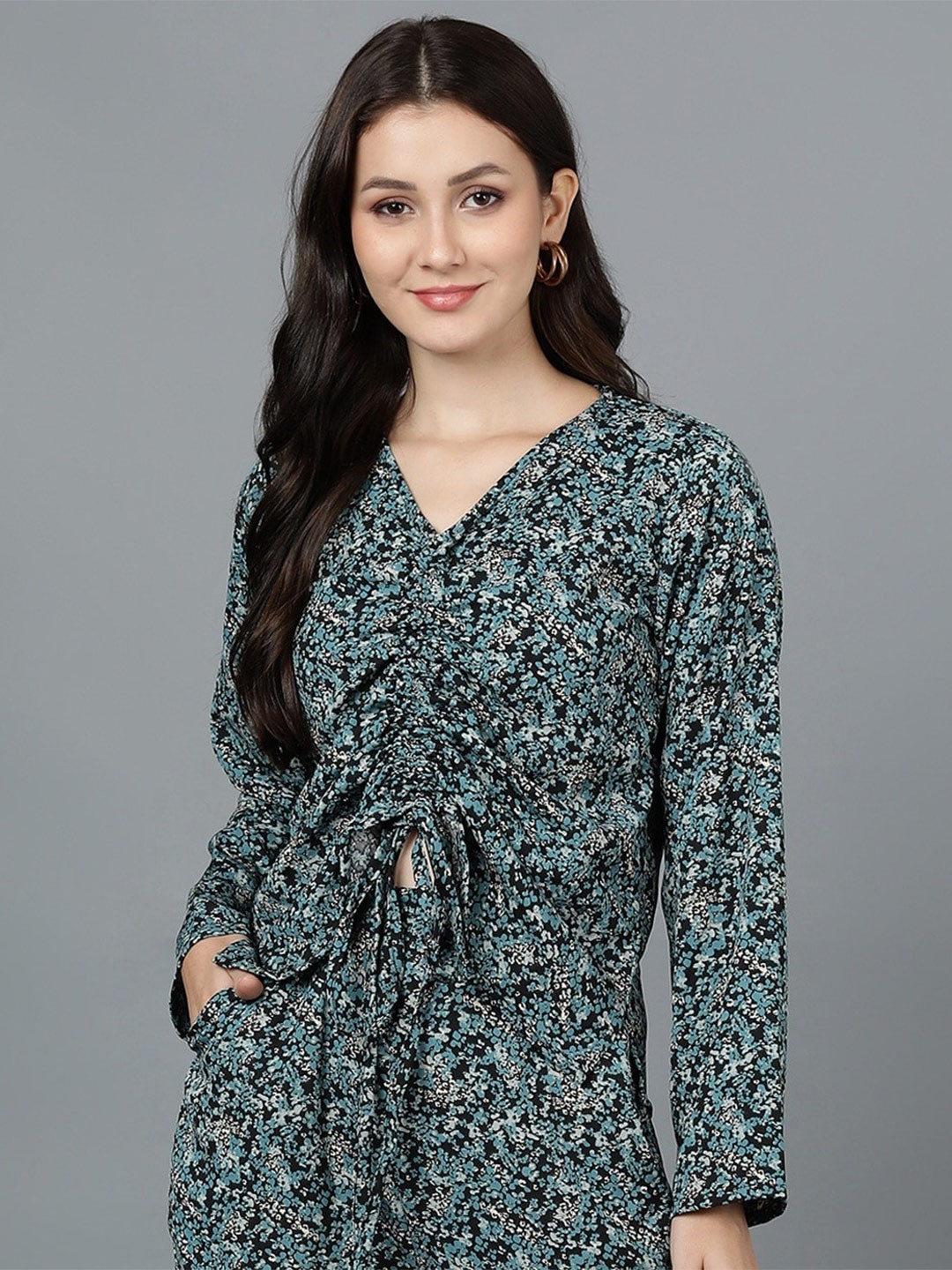 

Fashfun Floral Print V-Neck Top, Green
