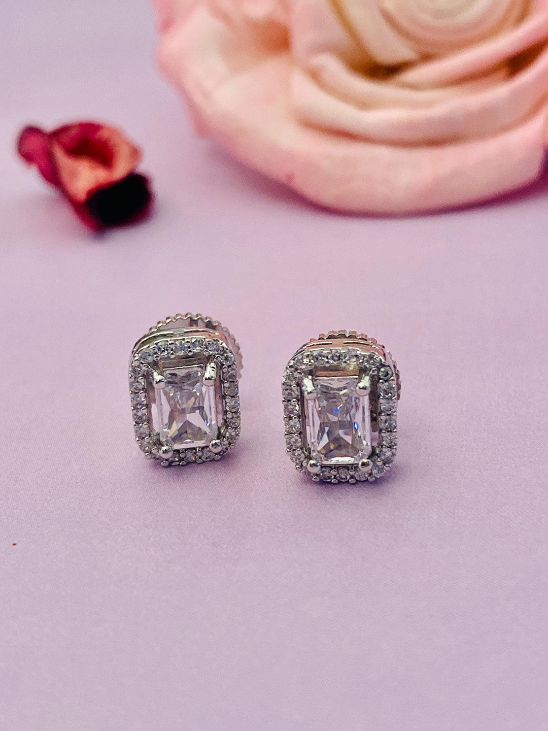 

Anouk Silver-Toned Silver-Plated American Diamond Geometric Stud Earrings
