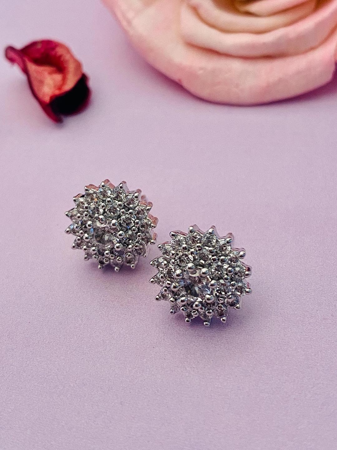 

Anouk Silver-Toned Silver-Plated American Diamond Floral Stud Earrings