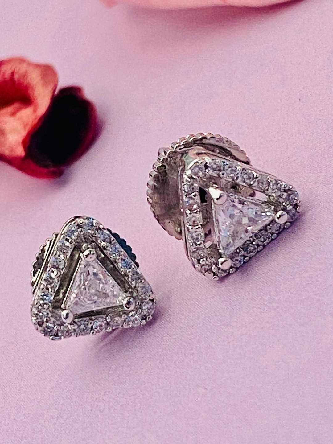 

Anouk Silver-Toned Silver-Plated American Diamond Triangular Shaped Stud Earrings