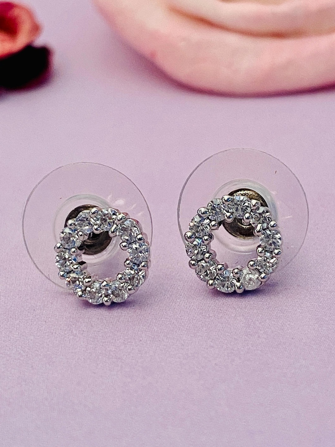 

Anouk Silver-Toned Silver-Plated American Diamond Circular Shaped Stud Earrings