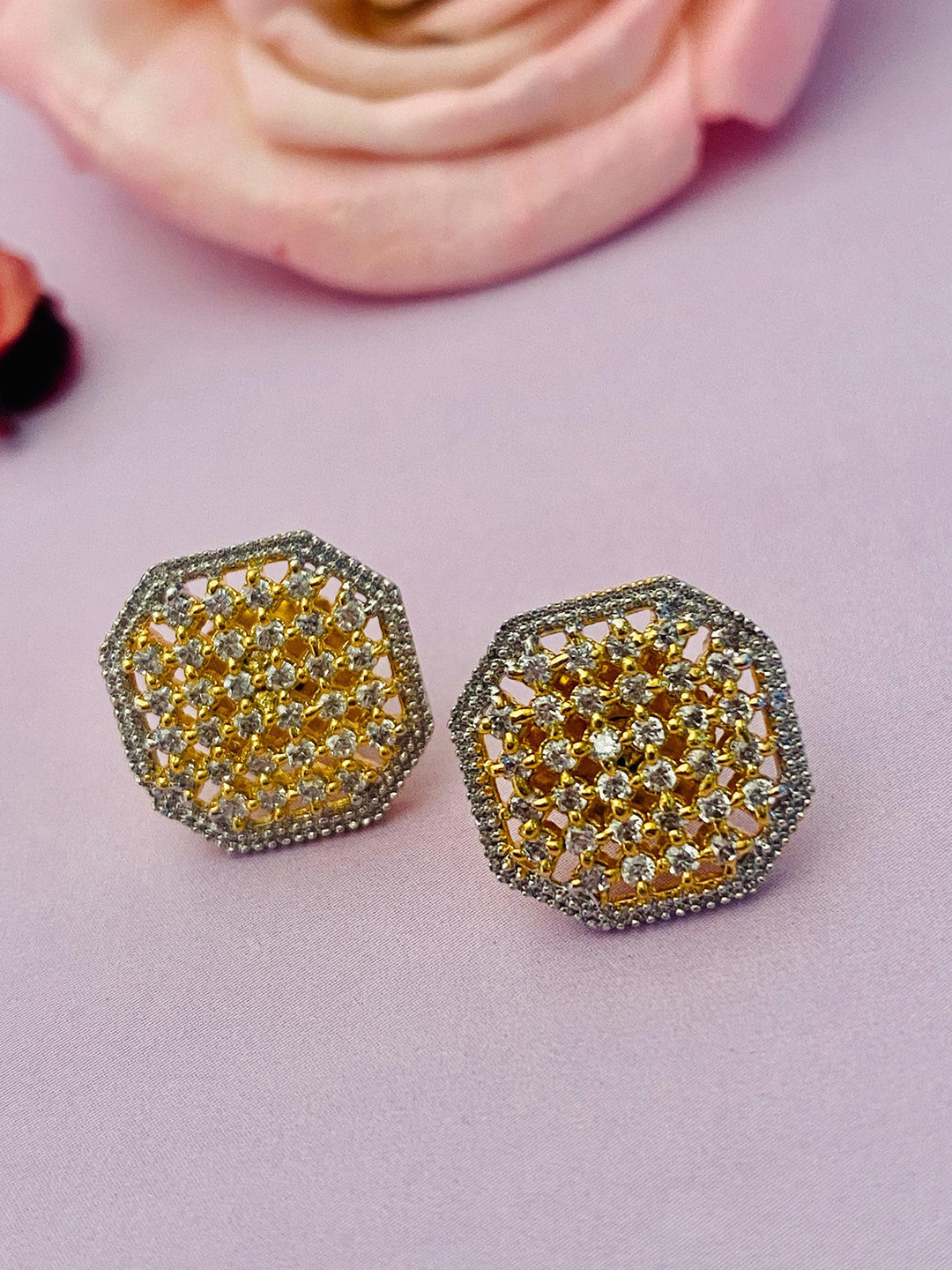 

Anouk Gold-Toned Gold-Plated American Diamond Geometric Shaped Stud Earrings