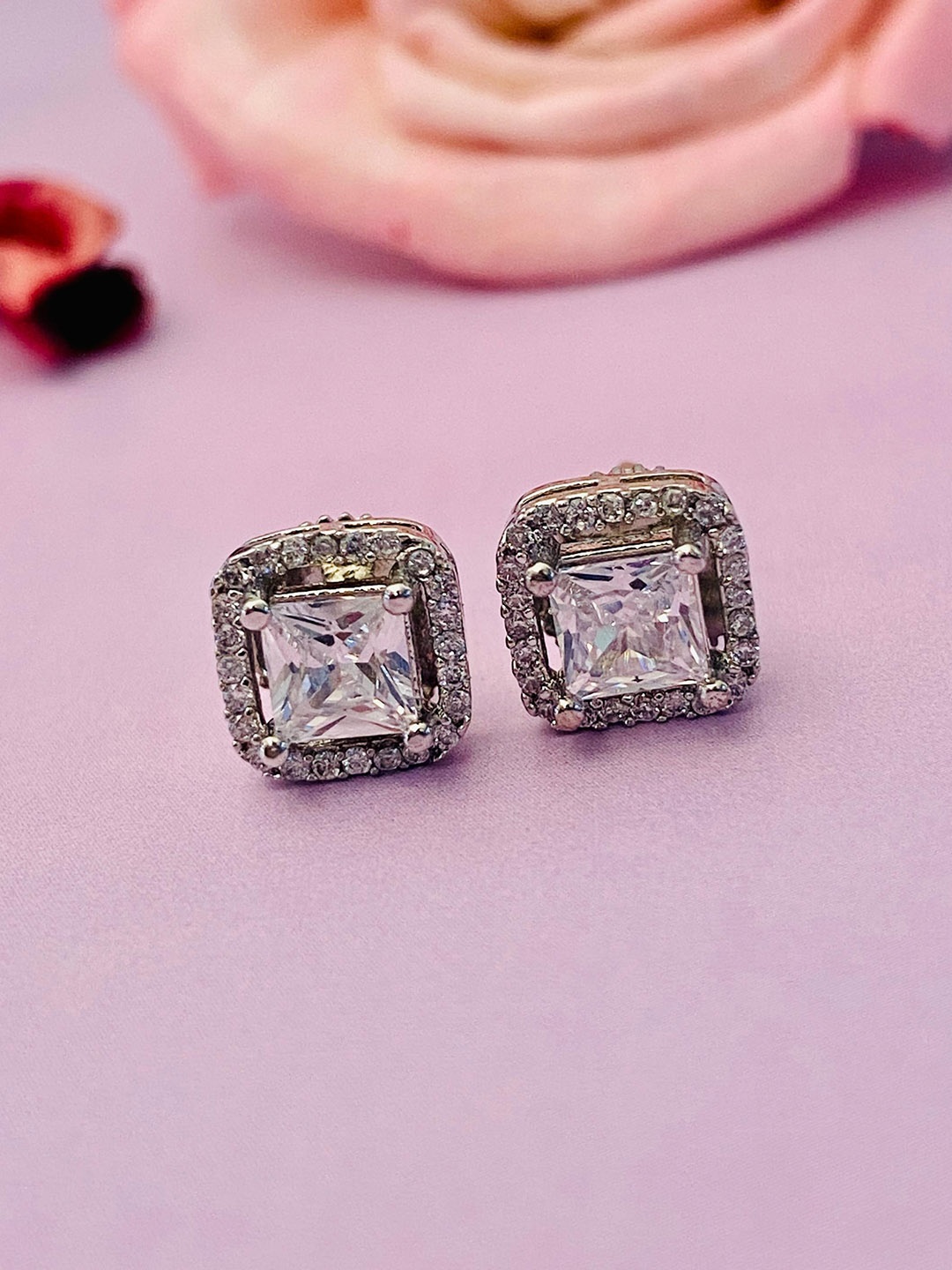 

Anouk Silver-Toned Silver-Plated American Diamond Square Shaped Stud Earrings