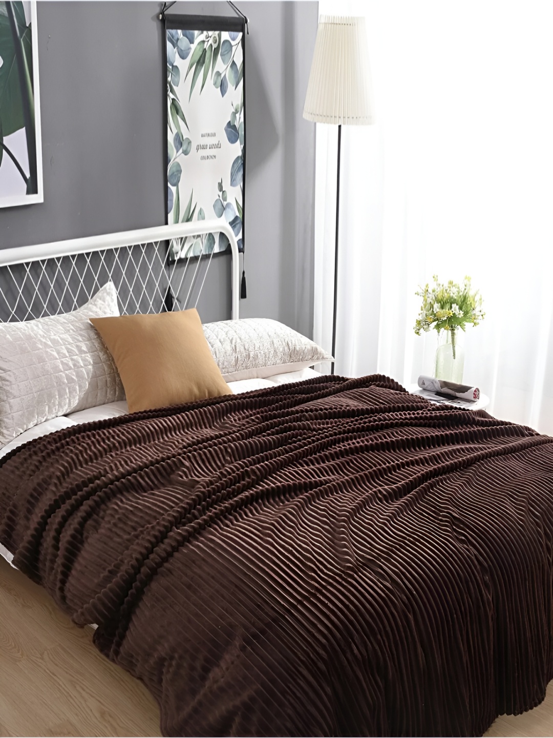 

INDHOME LIFE Brown Striped Fleece AC Room 300 GSM Double Bed Blanket