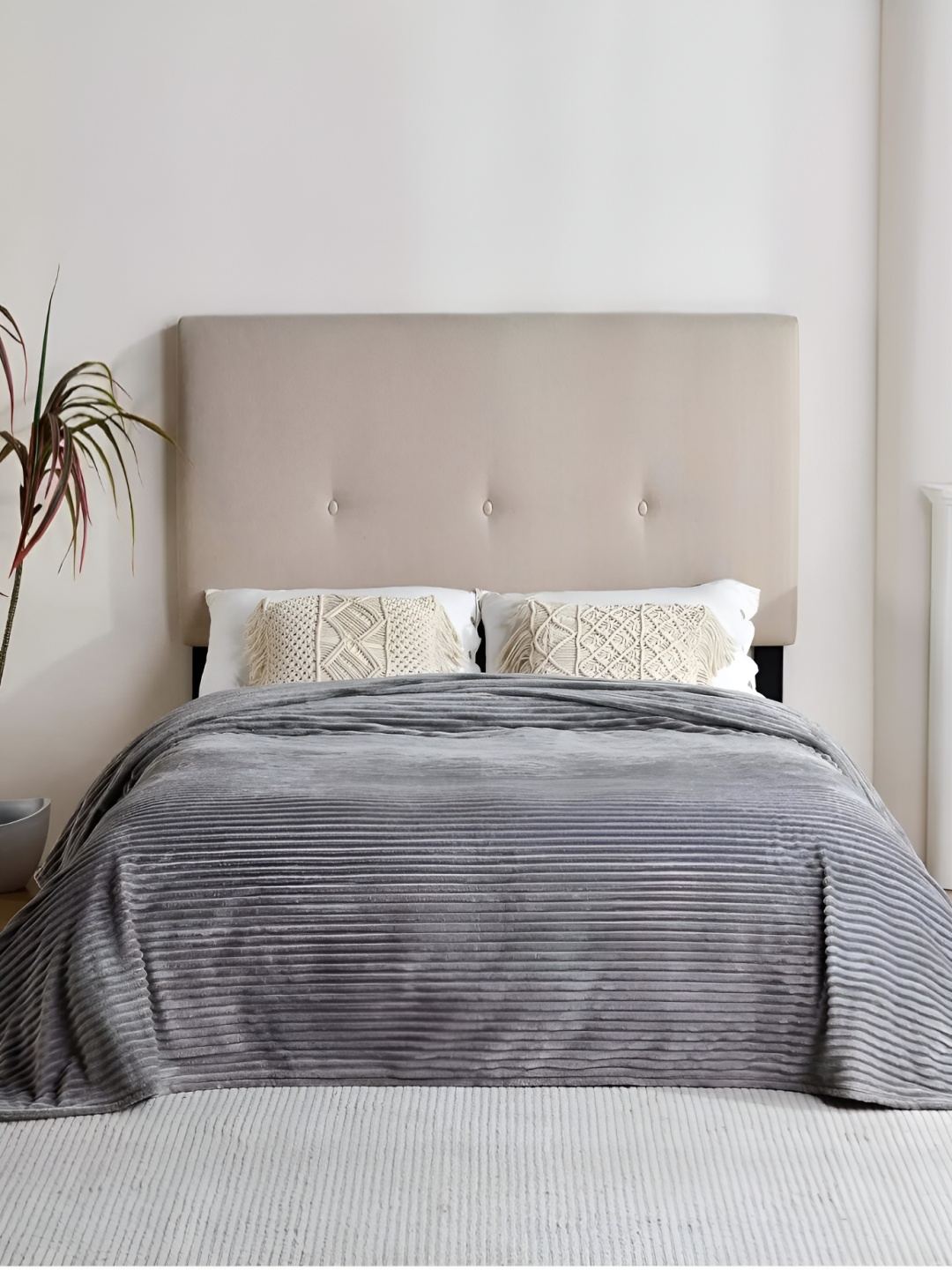 

INDHOME LIFE Grey Striped Fleece AC Room 300 GSM Double Bed Blanket