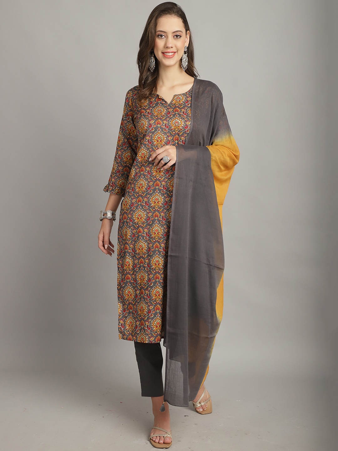 

Rajnandini Ethnic Motifs Sequinned Pure Cotton Straight Kurta with Trousers & Dupatta, Grey