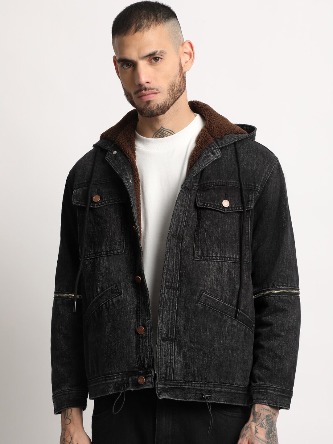 

THE BEAR HOUSE Hooded Lightweight Pure Cotton Denim Jacket, Black