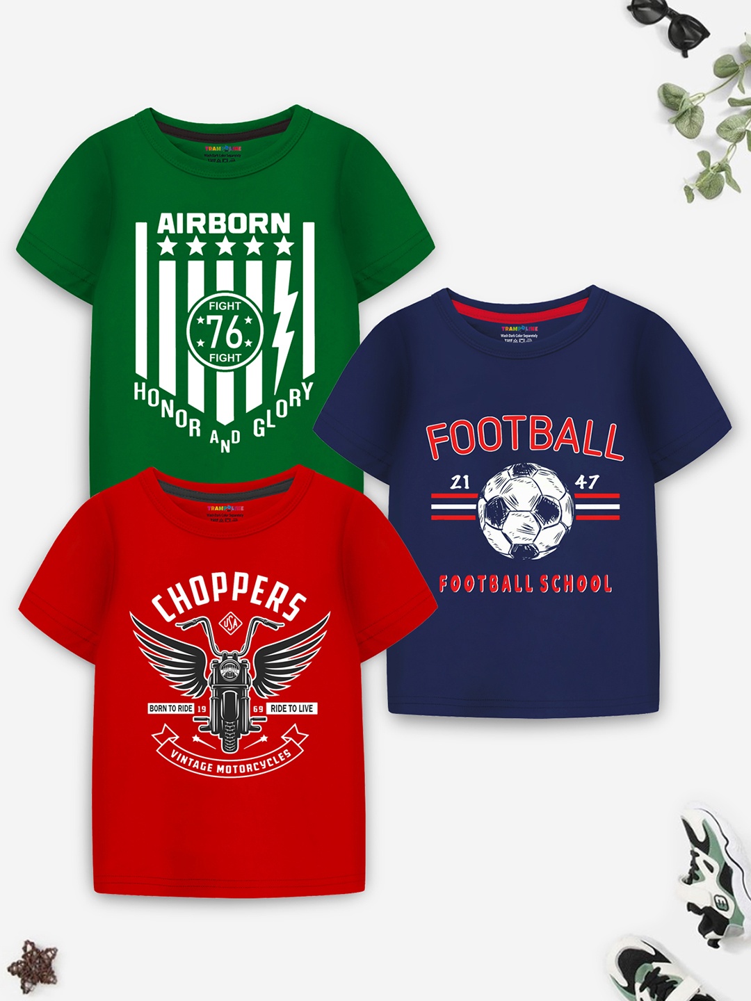

Trampoline Boys Pack Of 3 Printed Round Neck Cotton T-shirt, Green