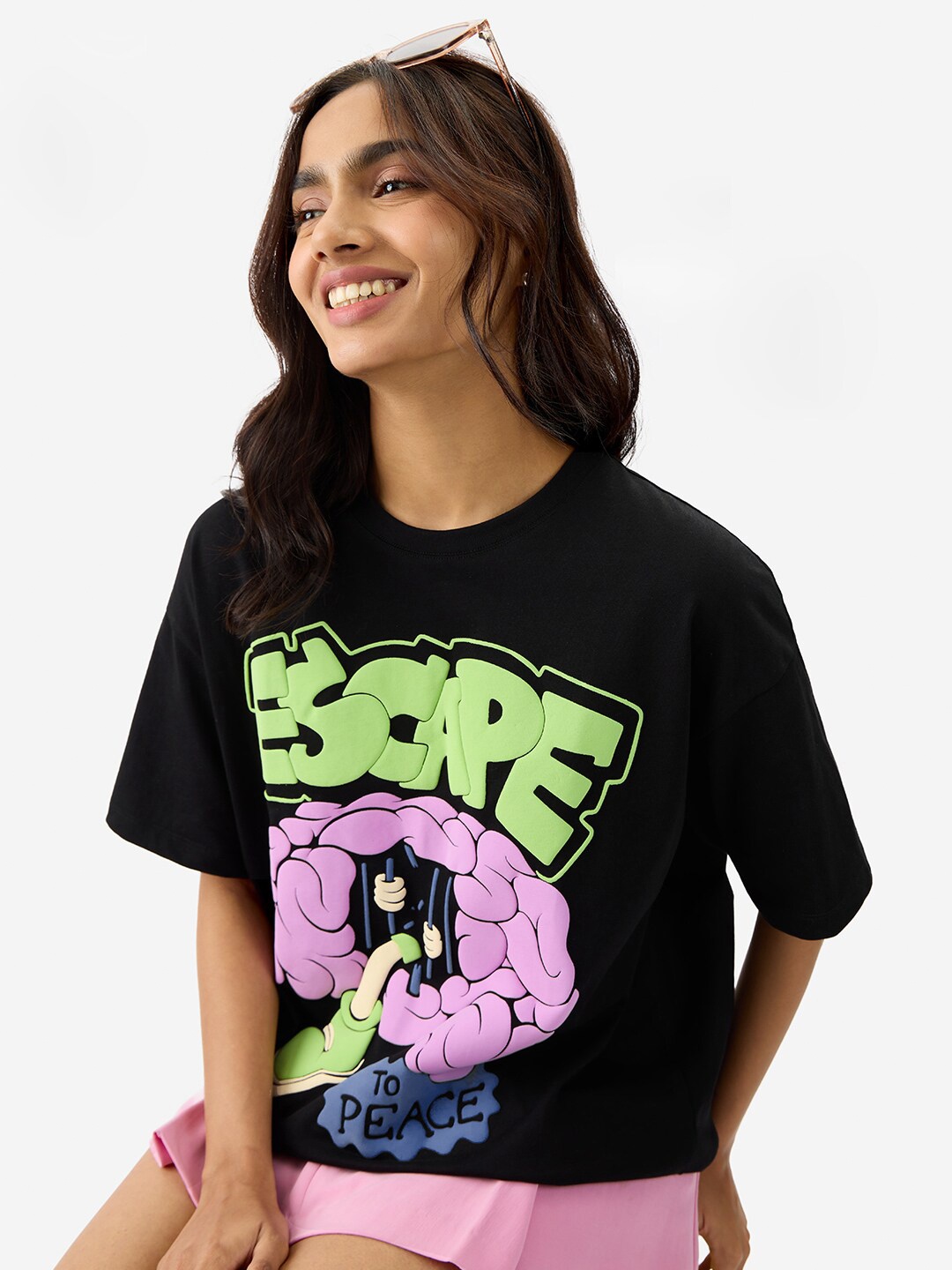 

The Souled Store Printed Round Neck Drop-Shoulder Sleeves Oversized T-shirt, Black