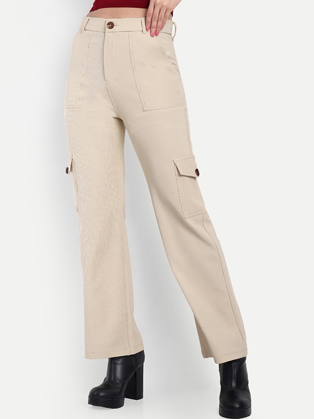 

Next One Women Smart Straight Fit High-Rise Easy Wash Stretchable Corduroy Cargos, Beige