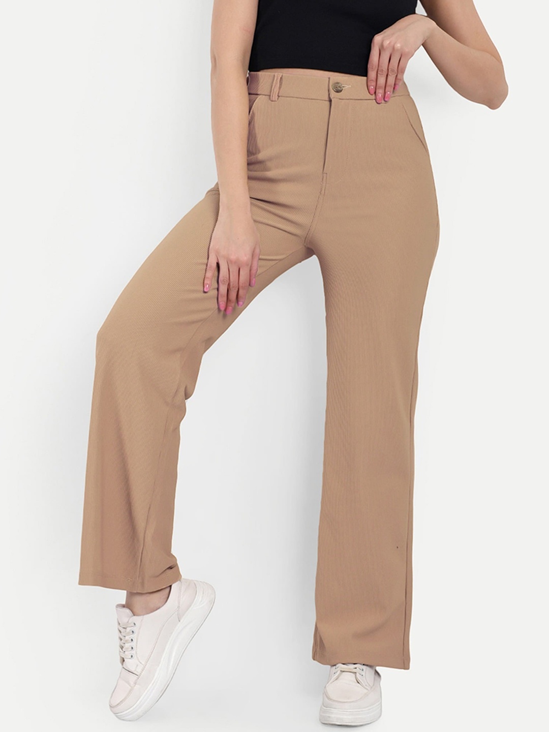 

Next One Women Smart Straight Fit High-Rise Easy Wash Corduroy Trousers, Beige