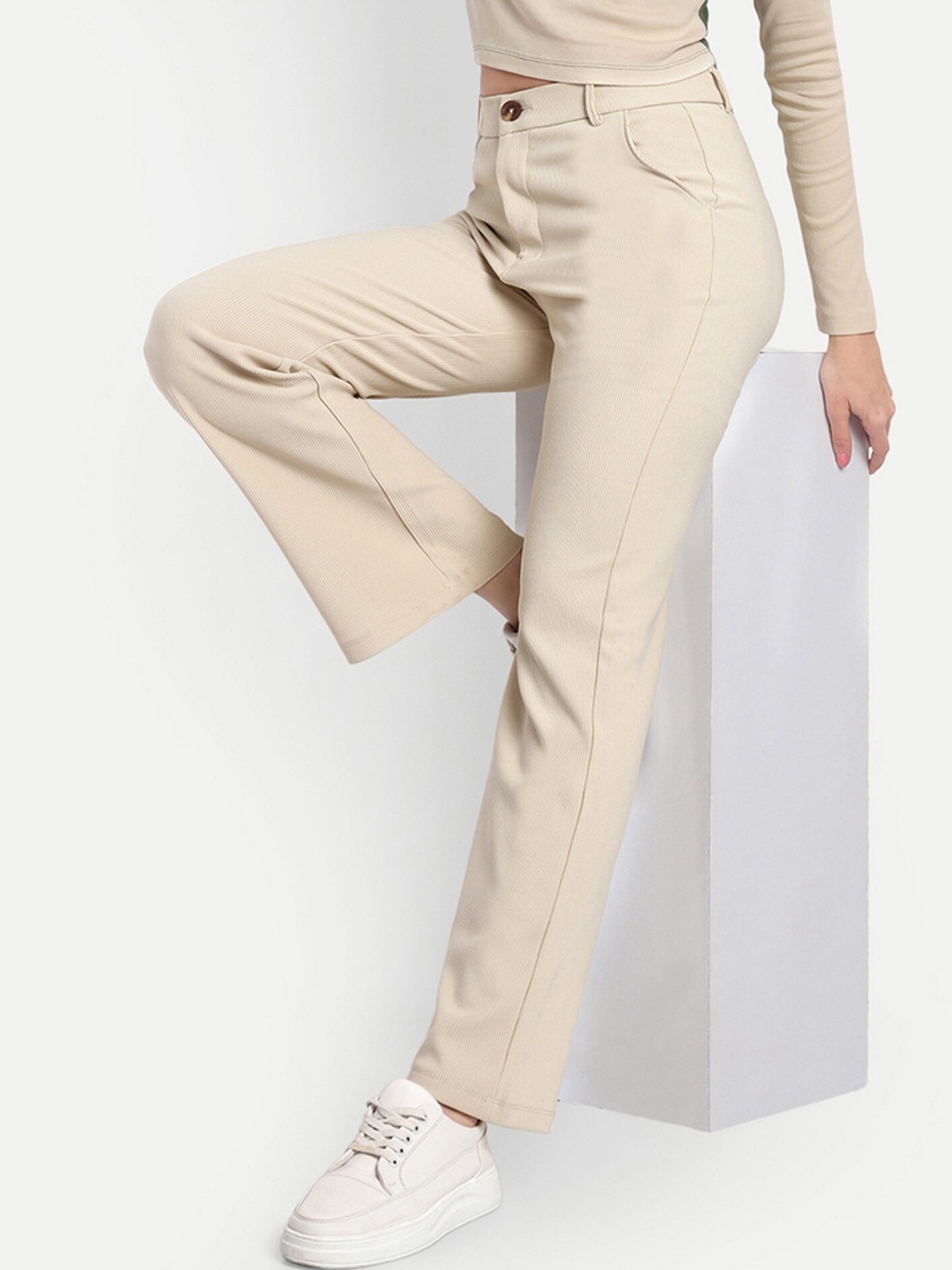

Next One Women Smart Straight Fit High-Rise Easy Wash Stretchable Corduroy Chinos Trousers, Beige