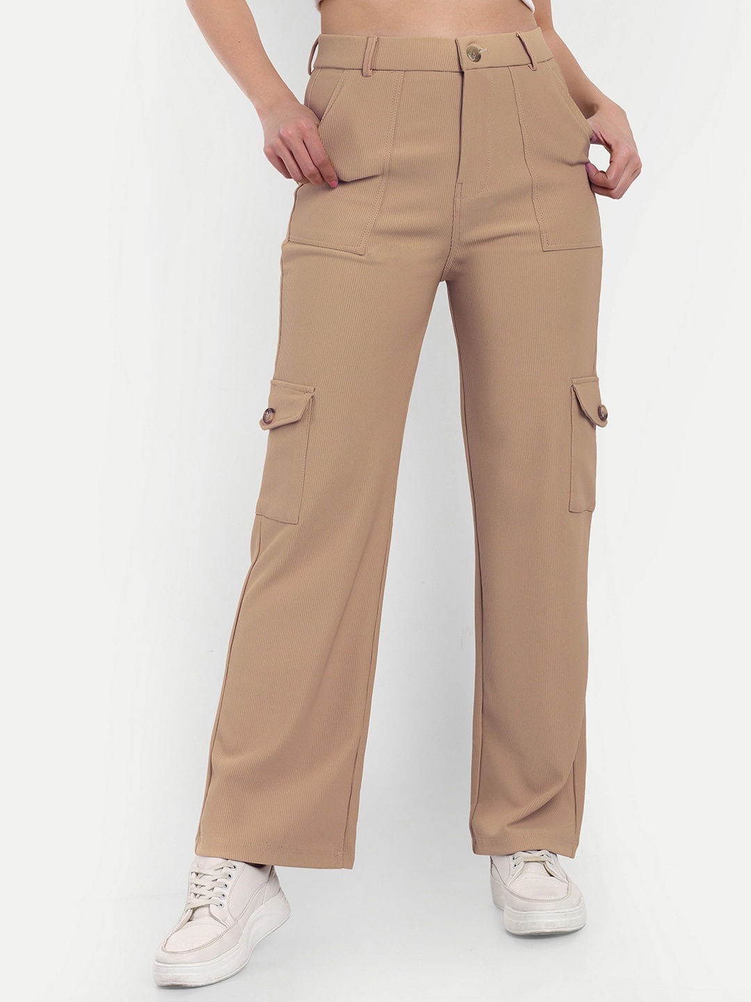 

Next One Women Smart Straight Fit High-Rise Easy Wash Corduroy Cargos, Beige