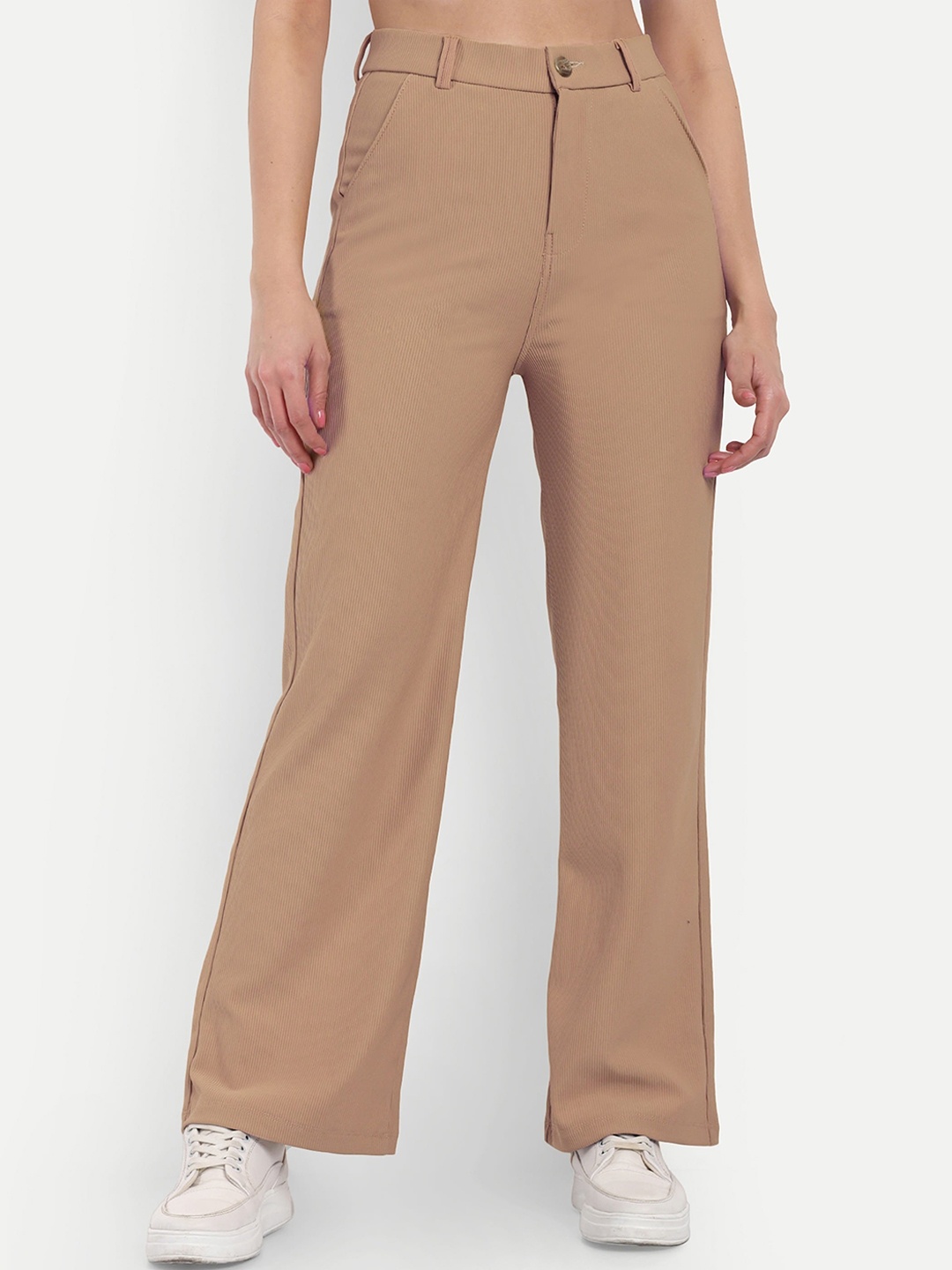 

Next One Women Smart Straight Fit High-Rise Easy Wash Corduroy Trousers, Beige