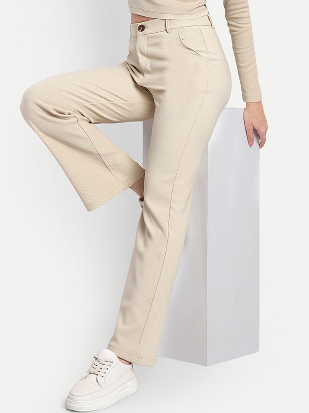 Next One Women Smart Straight Fit High-Rise Easy Wash Corduroy Trousers, Beige