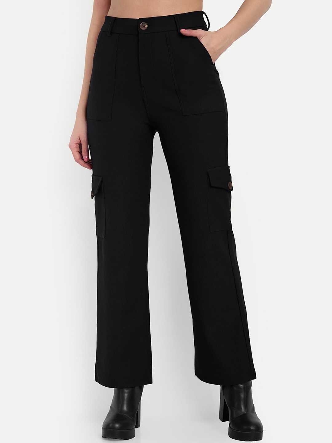 

Next One Women Smart Straight Fit High-Rise Easy Wash Stretchable Corduroy Cargos, Black