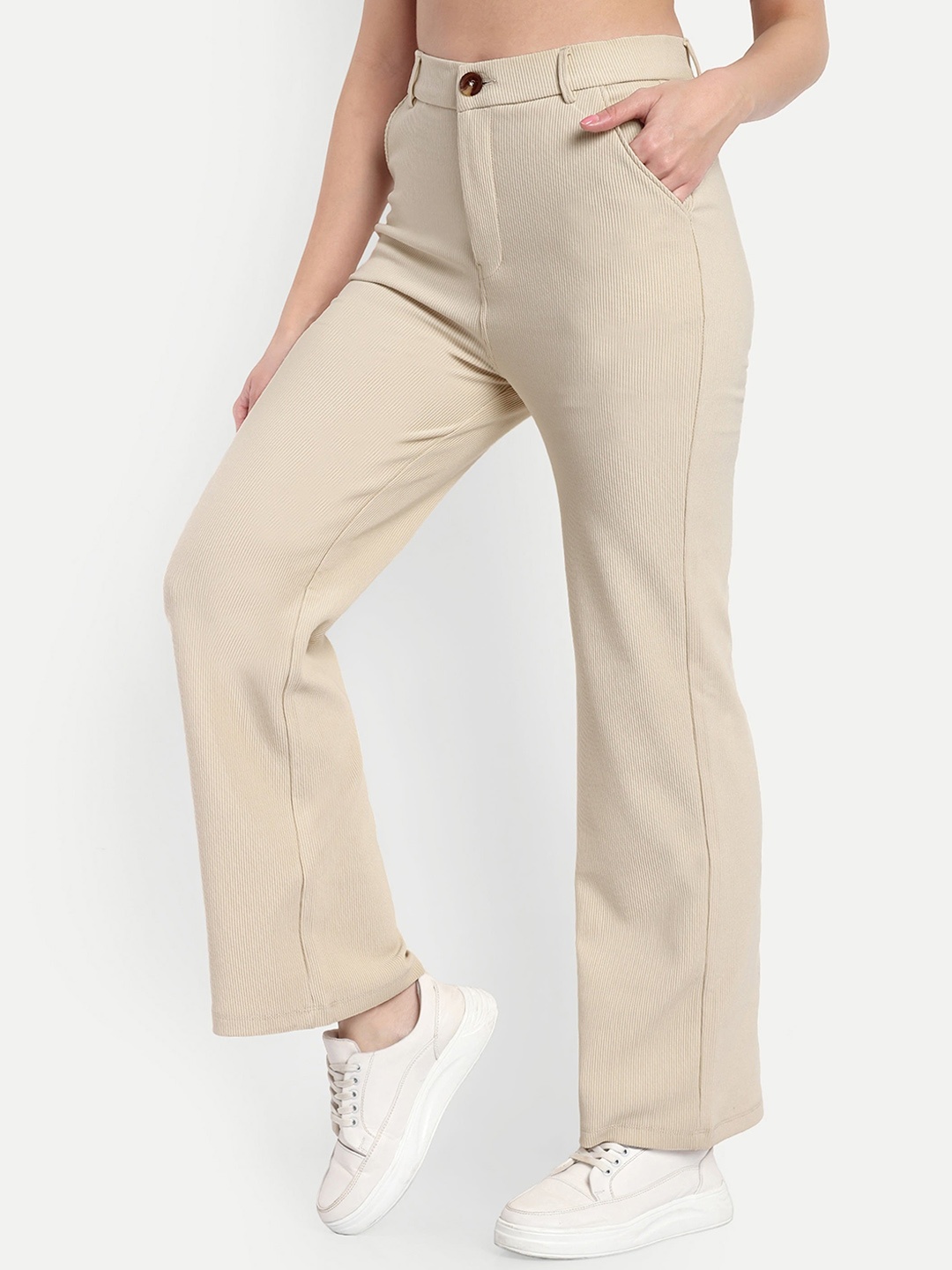 Next One Women Smart Straight Fit High-Rise Easy Wash Stretchable Corduroy Trousers, Beige