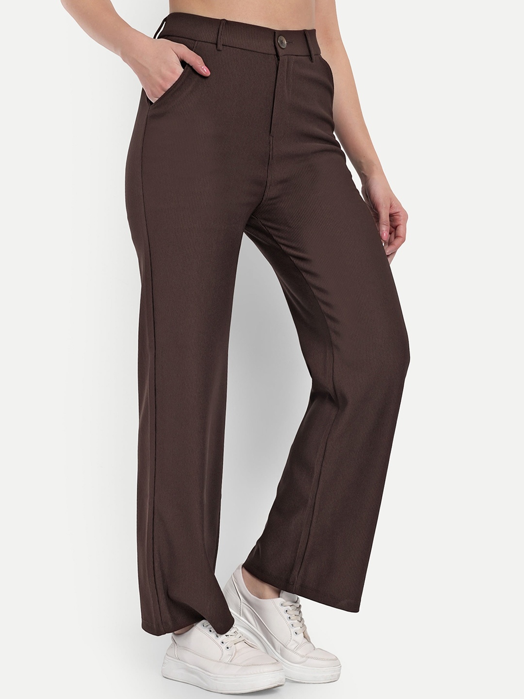

Next One Women Smart Straight Fit High-Rise Easy Wash Corduroy Trousers, Brown