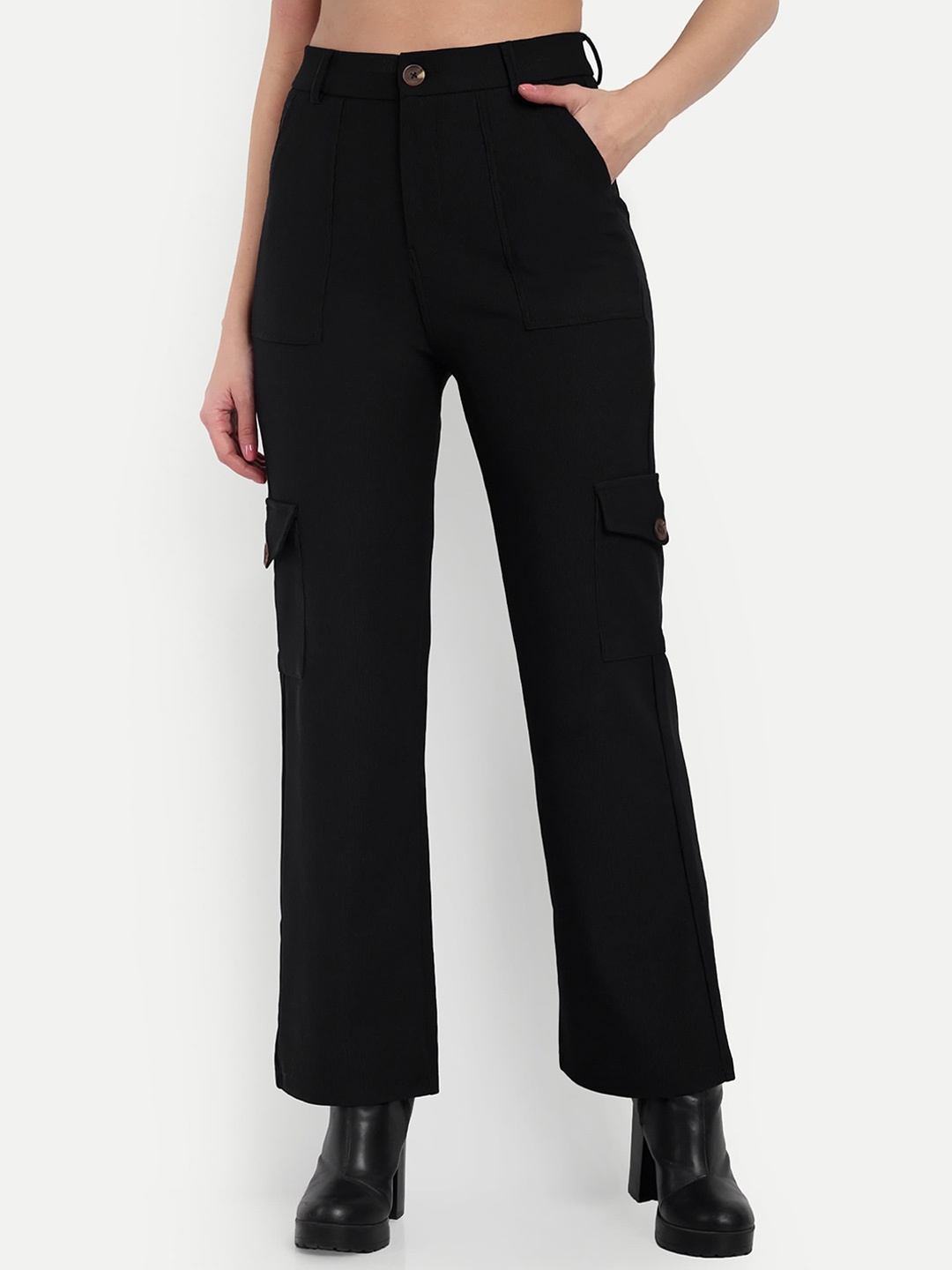 

Next One Women Smart Straight Fit High-Rise Easy Wash Corduroy Cargos Trousers, Black