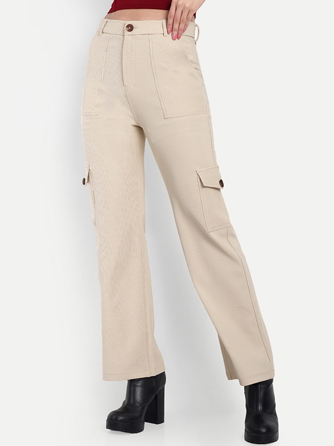 

Next One Women Smart Straight Fit High-Rise Easy Wash Corduroy Cargos Trouser, Beige