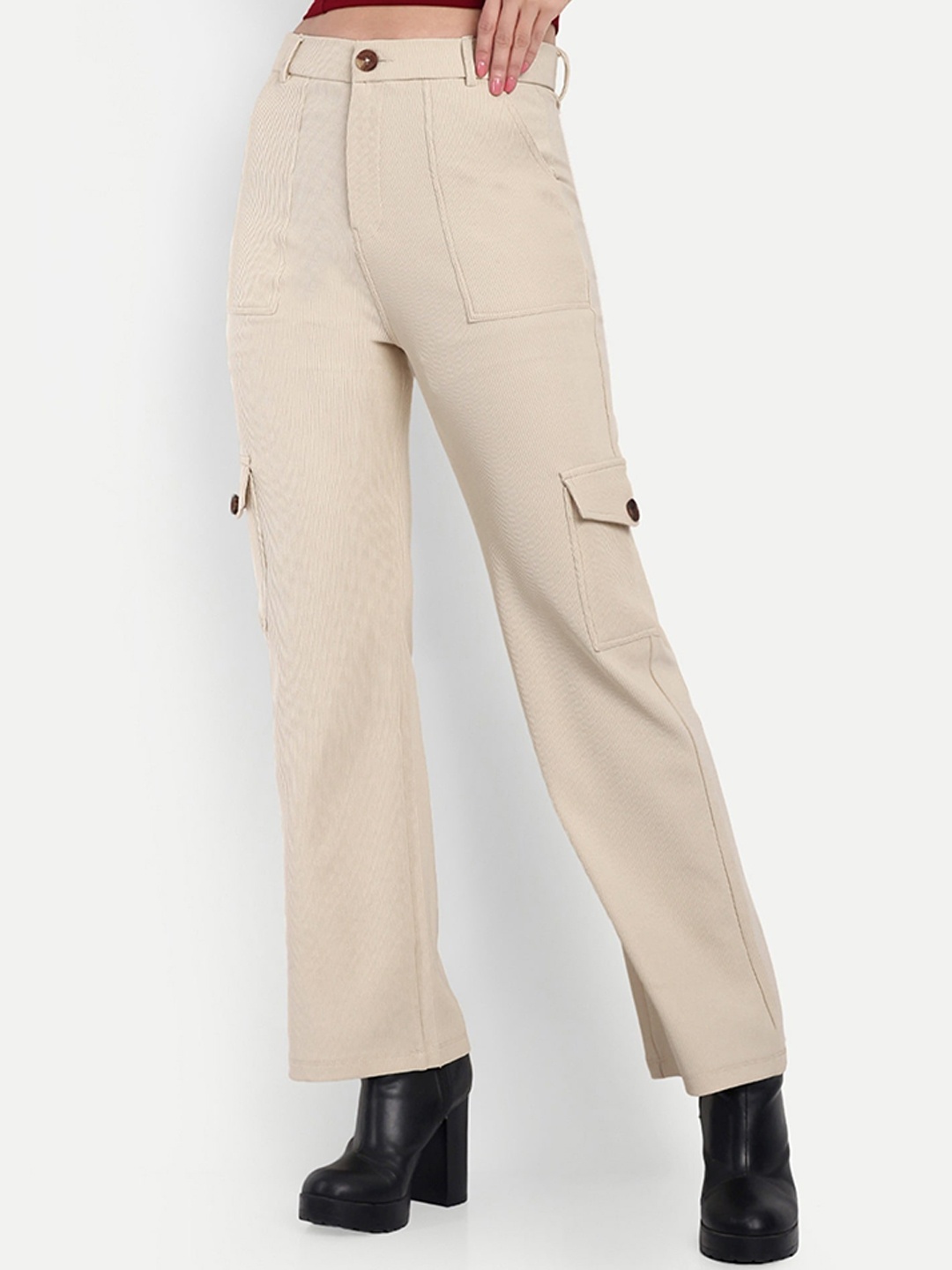 

Next One Women Smart Straight Fit High-Rise Easy Wash Corduroy Trousers, Beige