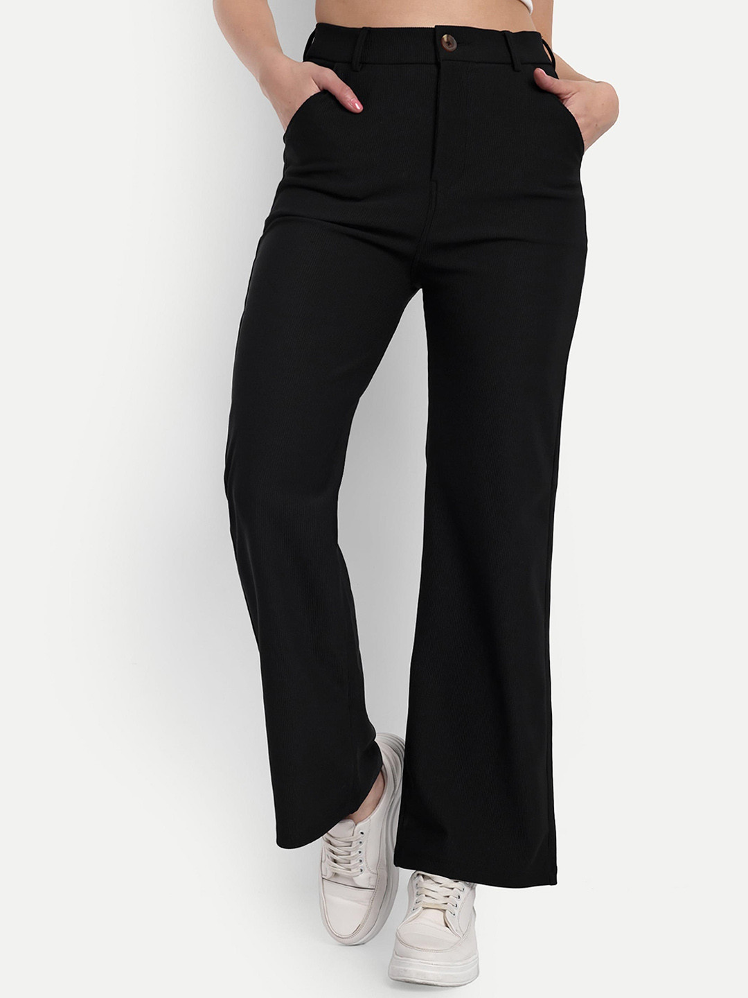 

Next One Women Smart Straight Fit High-Rise Easy Wash Corduroy Trousers, Black
