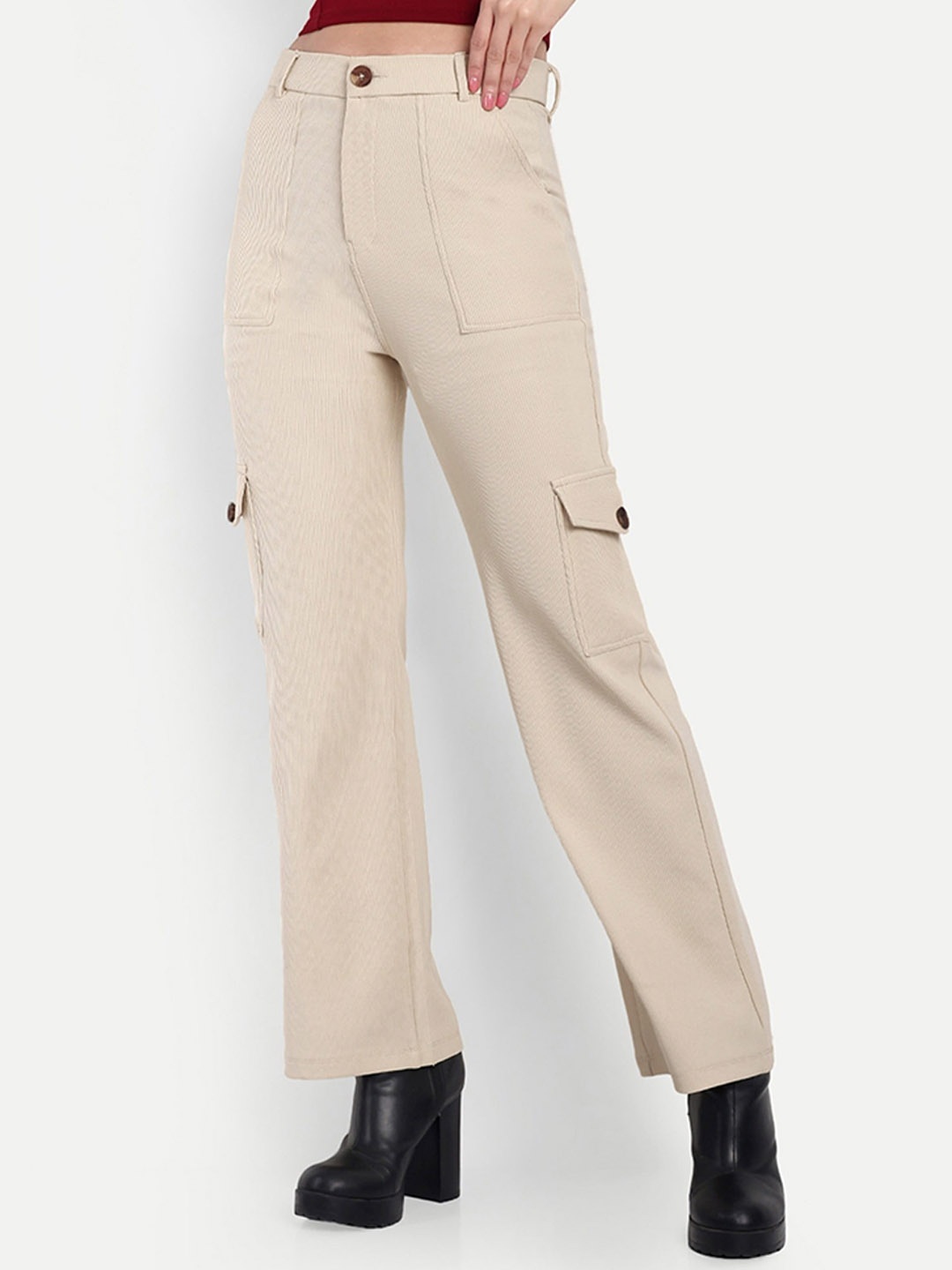 

Next One Women Smart Straight Fit High-Rise Easy Wash Corduroy Trousers, Beige