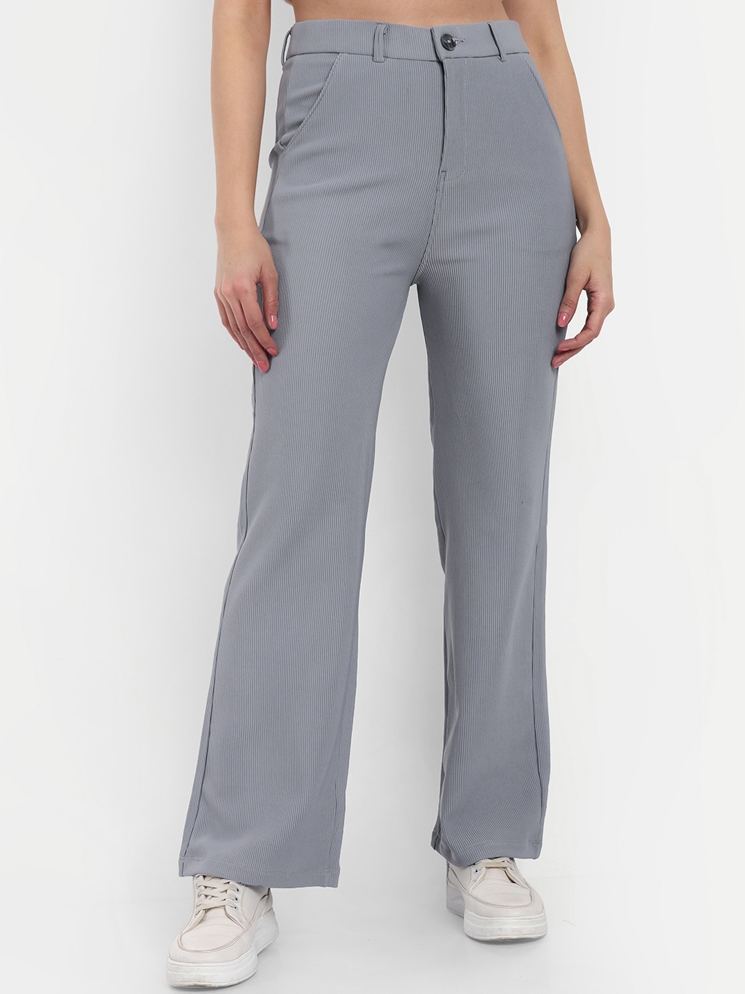 

Next One Women Smart Straight Fit High-Rise Easy Wash Corduroy Trousers, Grey