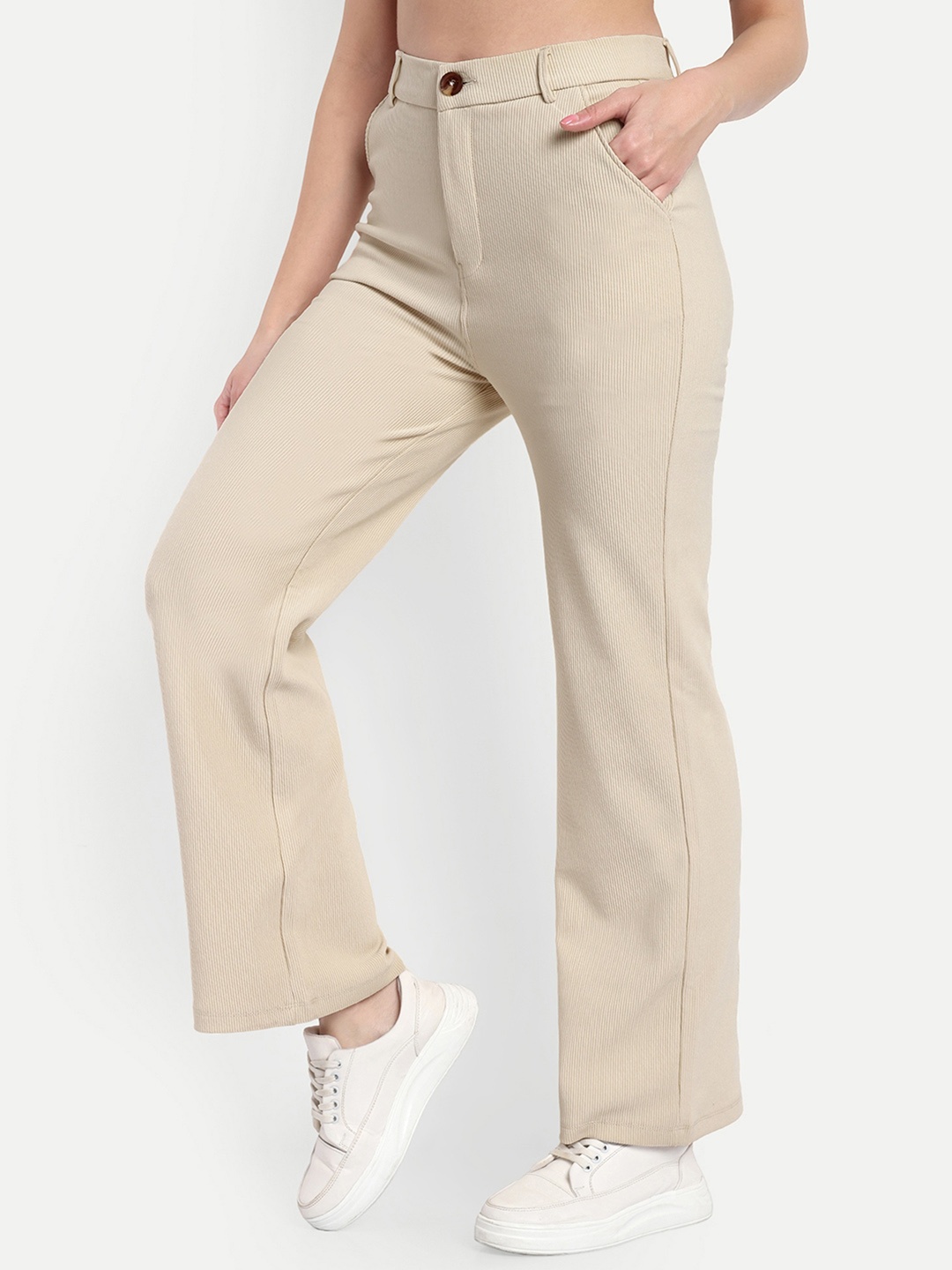 

Next One Women Smart Straight Fit High-Rise Easy Wash Corduroy Trouser, Beige