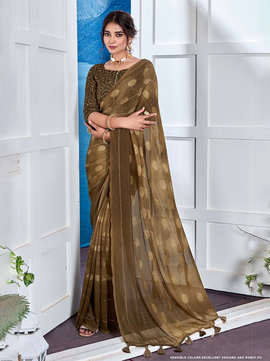 

Mitera Ethnic Motifs Printed Saree, Brown