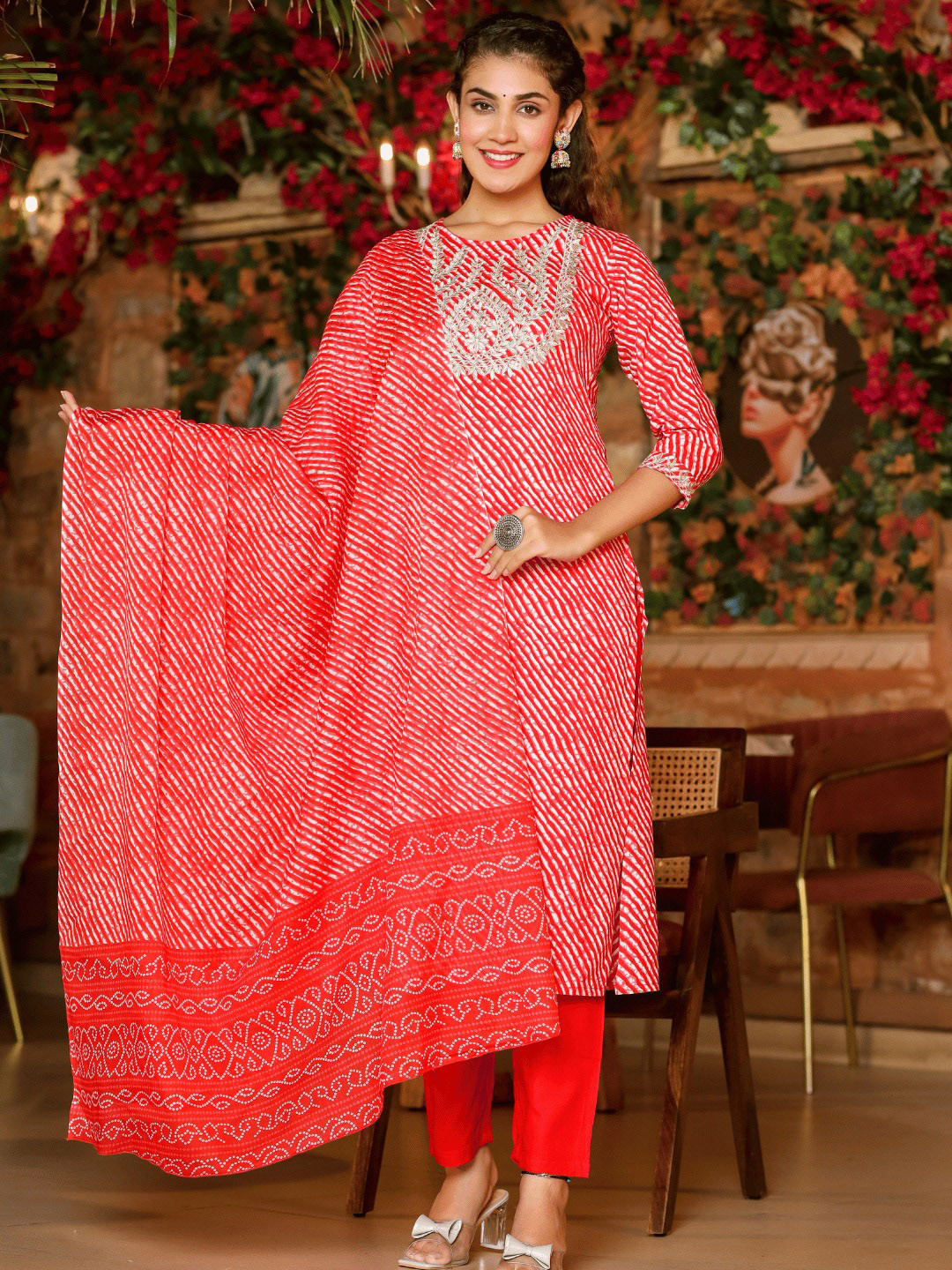 

KALINI Leheriya Striped Regular Sequinned Kurta with Trousers & Dupatta, Red