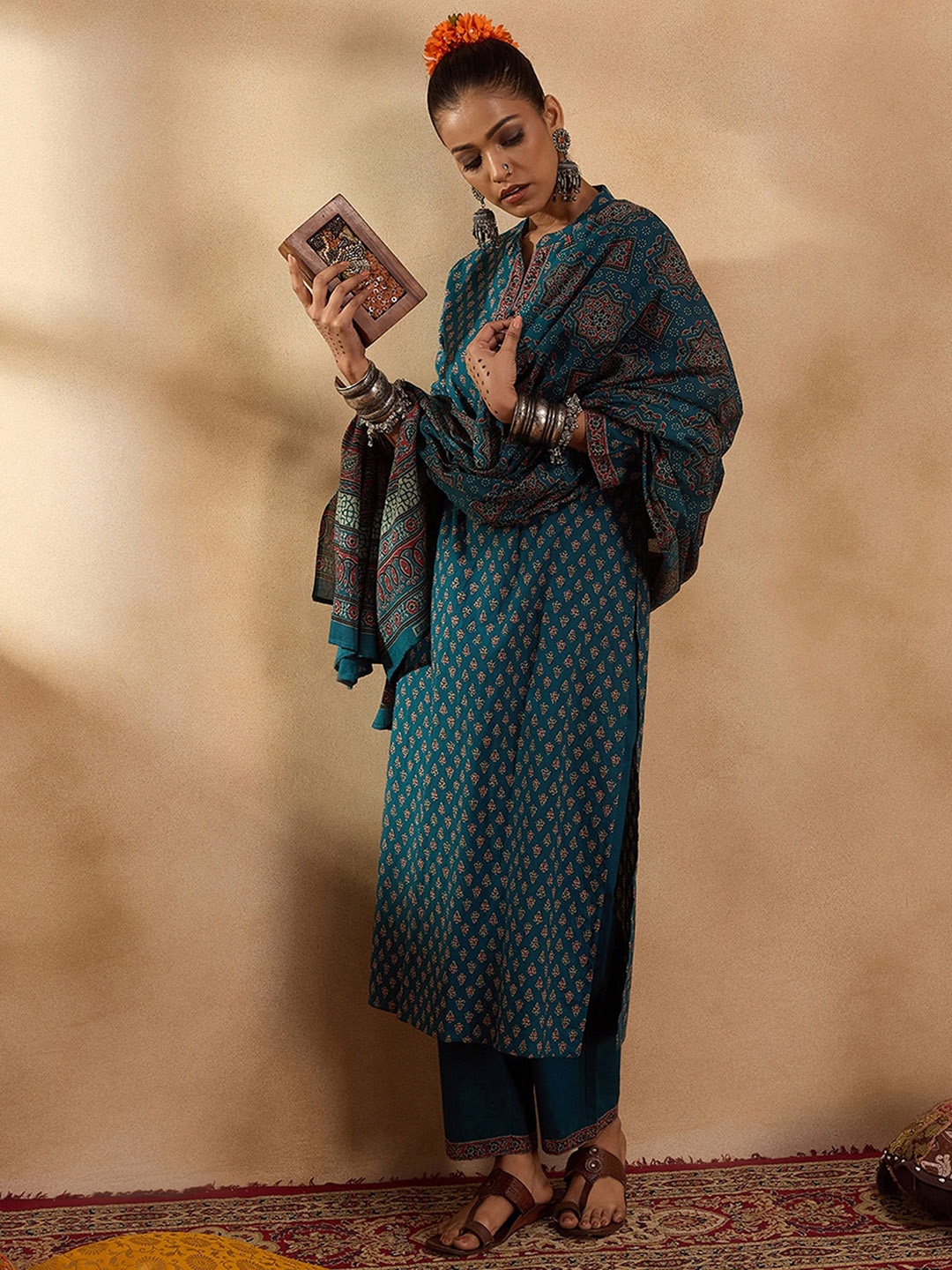 

Indo Era Ethnic Motifs Printed Regular Pure Cotton Straight Kurta with Trousers & Dupatta, Teal