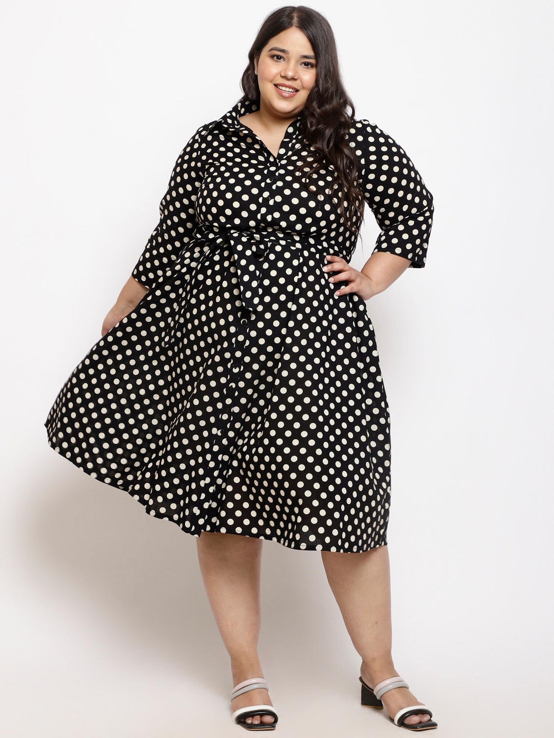 

Amydus Plus Size Polka Dot Print Cotton Fit & Flare Dress, Black