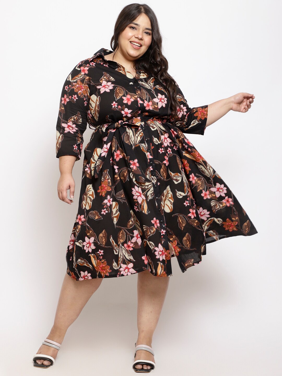 

Amydus Plus Size Floral Print Cotton Empire Dress, Black