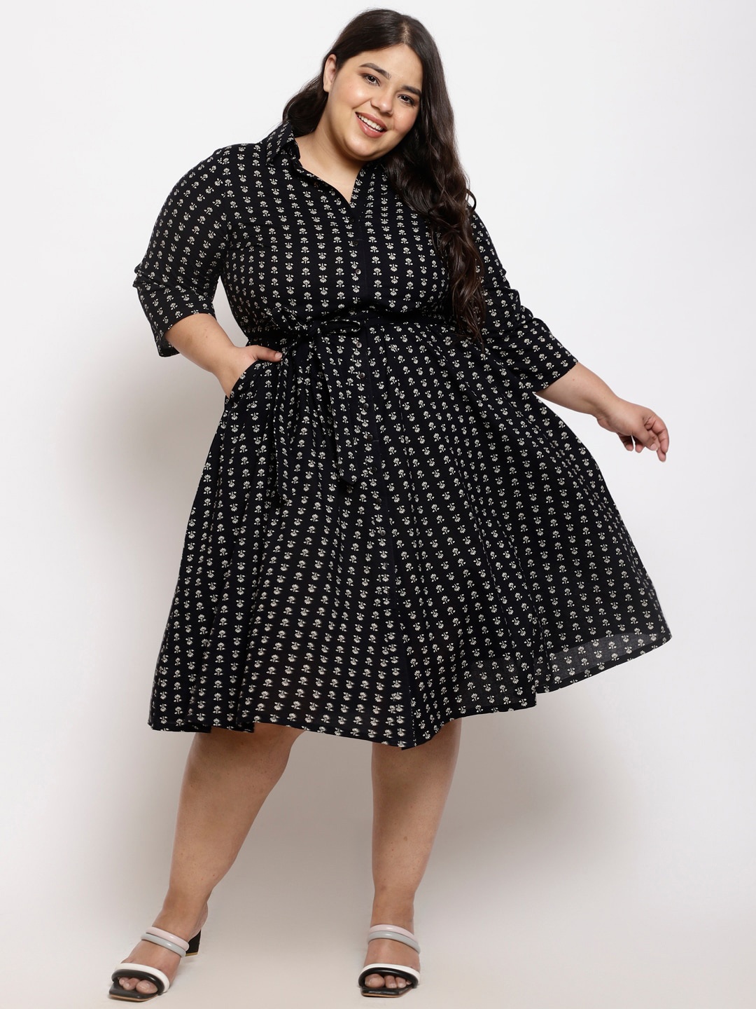 

Amydus Plus Size Geometric Print Cotton Fit & Flare Dress, Black