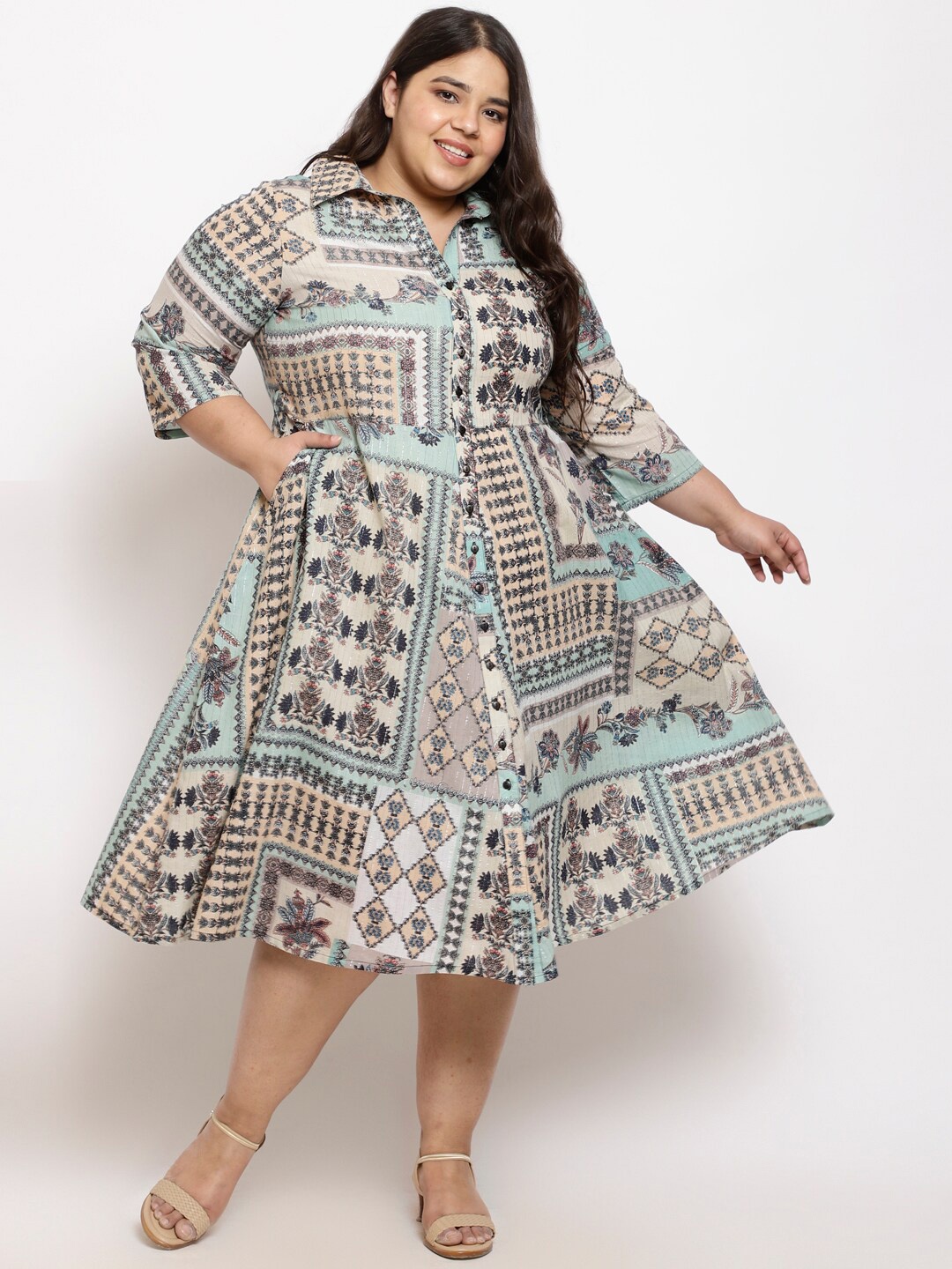 

Amydus Plus Size Ethnic Motifs Print Cotton Shirt Midi Dress, Green