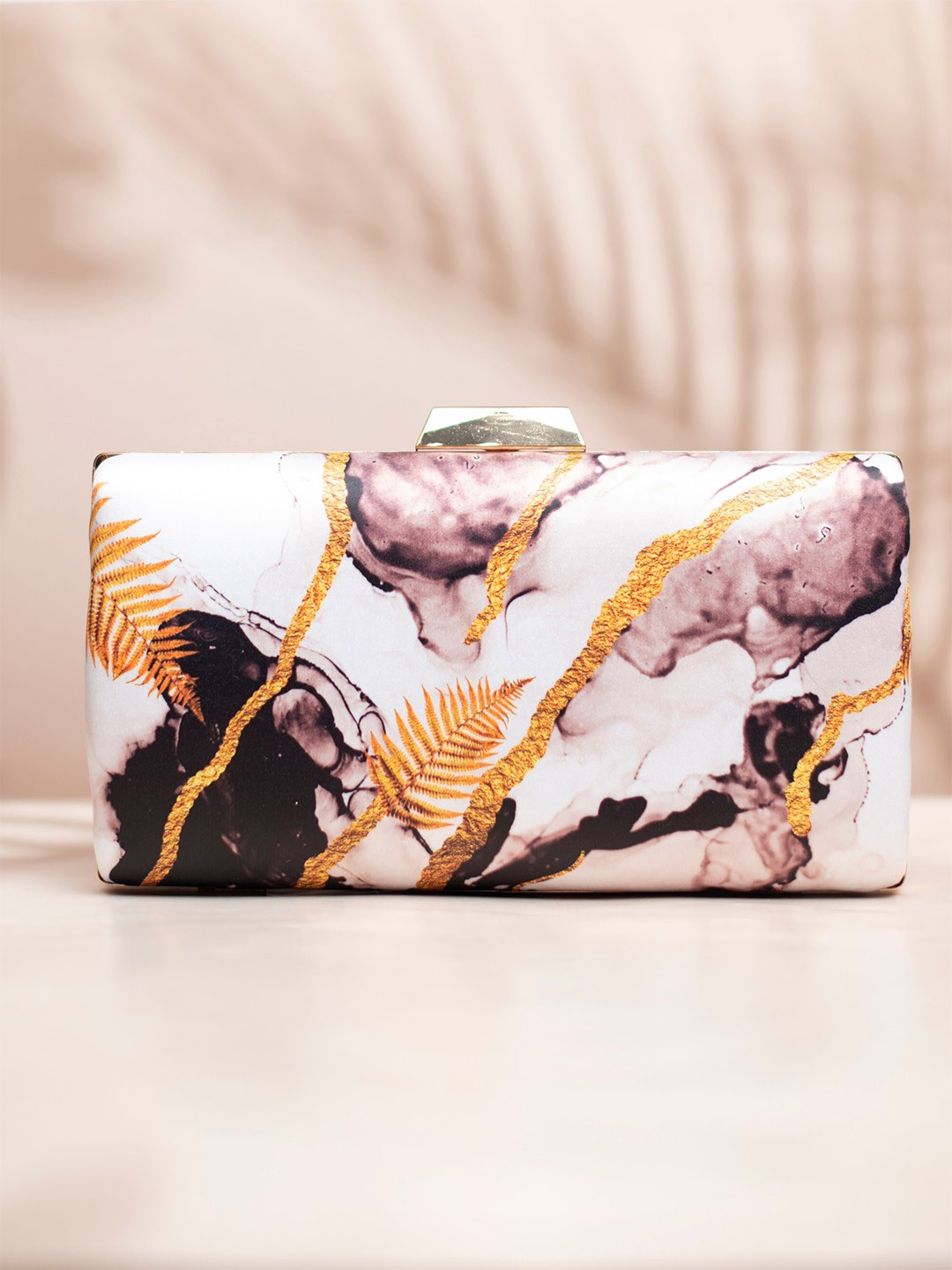 

ARTKLIM Leaf Printed Box Clutch, White