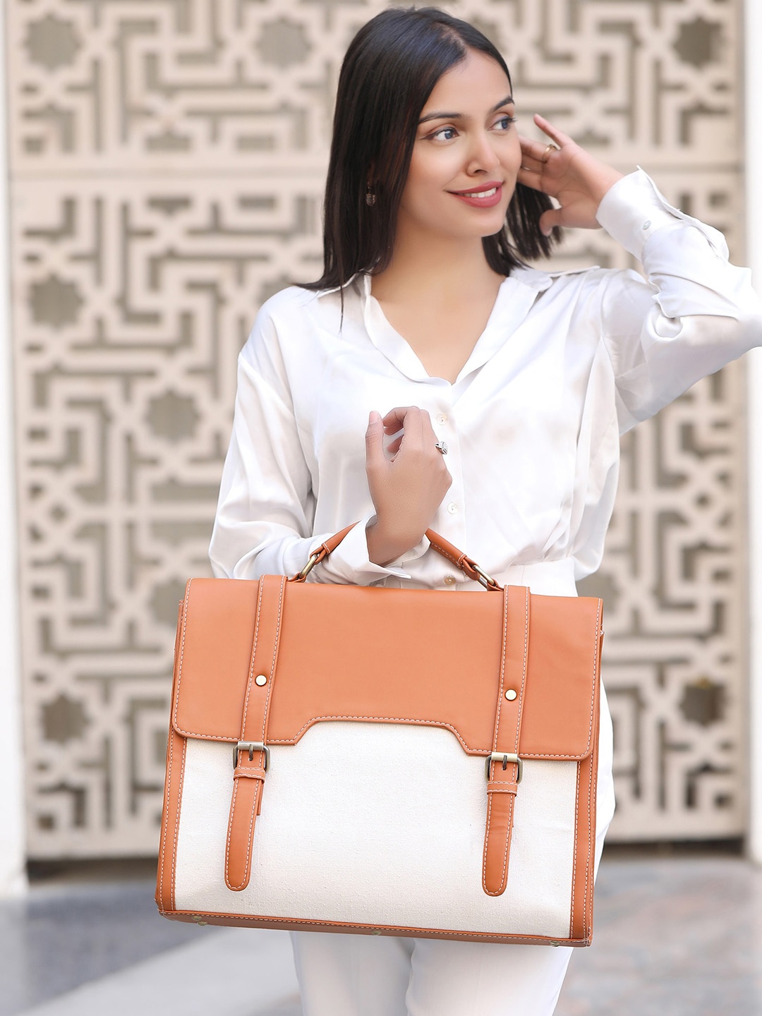 

LA ELLORE Colourblocked Leather Shopper Satchel Up to 12 inch, Brown